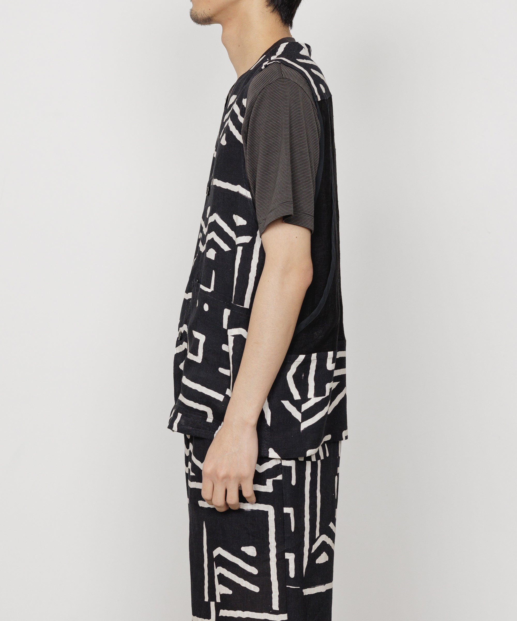 LINEN TROPICAL FIELDMAN VEST, Black x Ivory