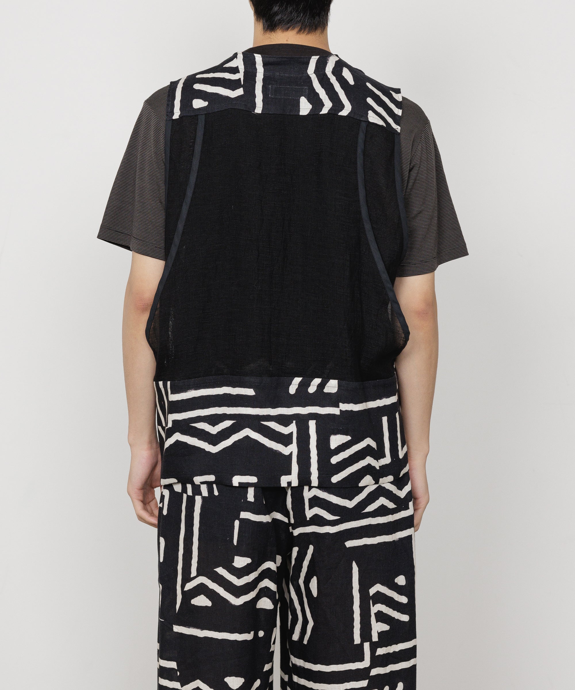 LINEN TROPICAL FIELDMAN VEST, Black x Ivory