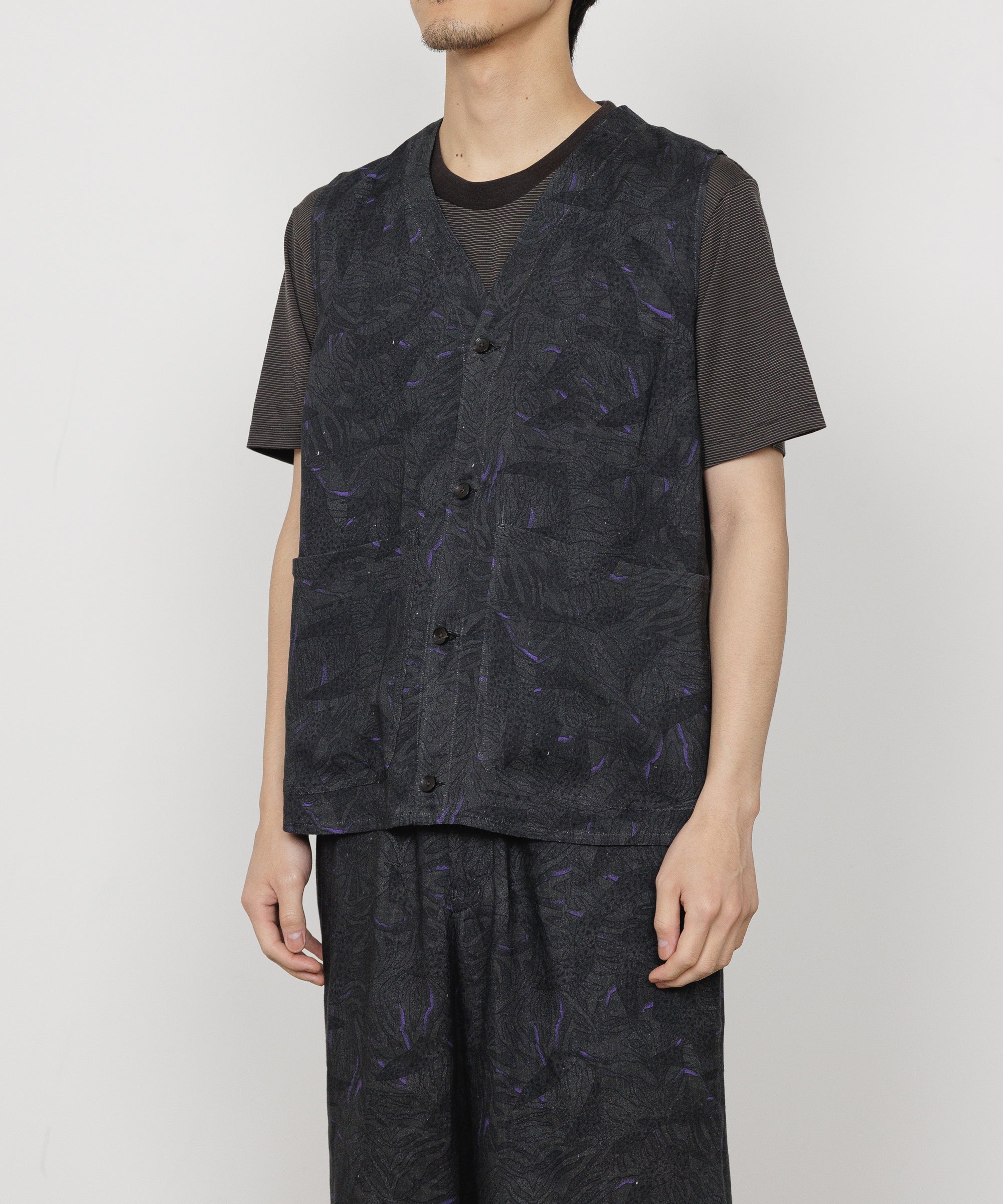 LINEN TROPICAL FIELDMAN VEST, Gray x Purple