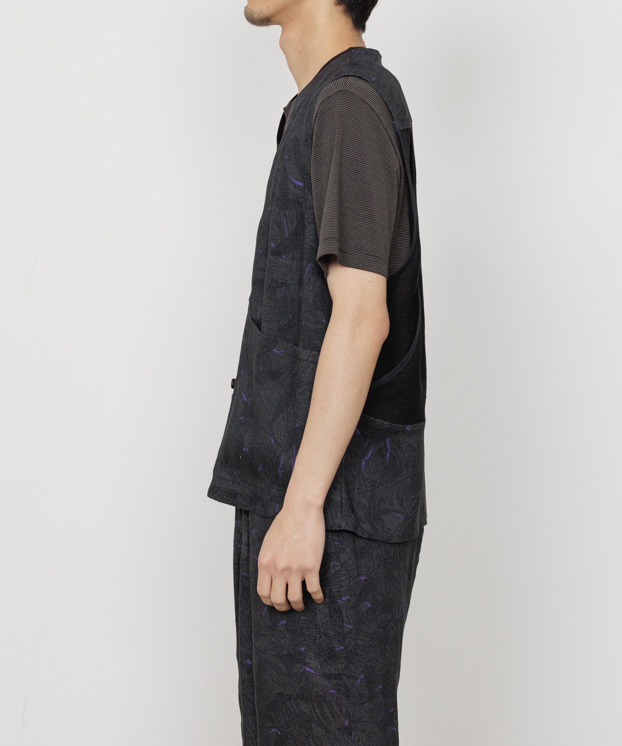 LINEN TROPICAL FIELDMAN VEST, Gray x Purple