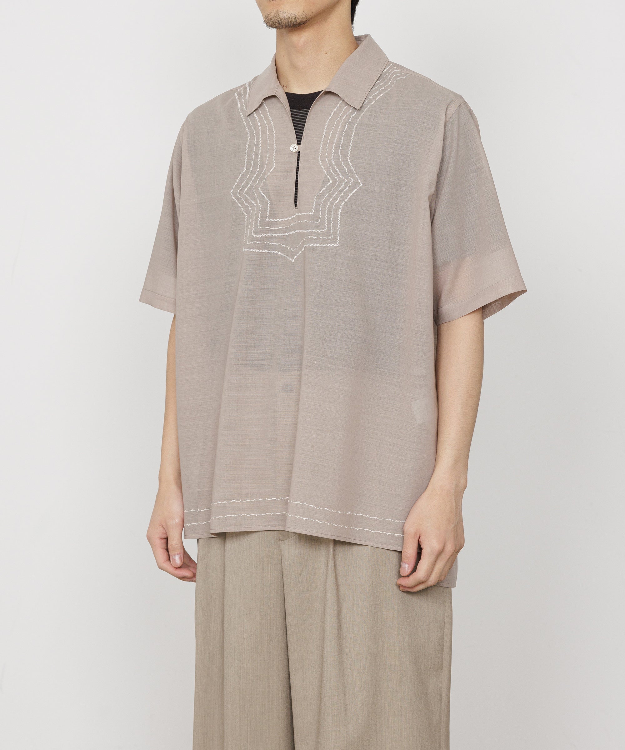 Wool×Recycle Polyester Tropical Embroiderr Skipper S/S Shirt, Beige