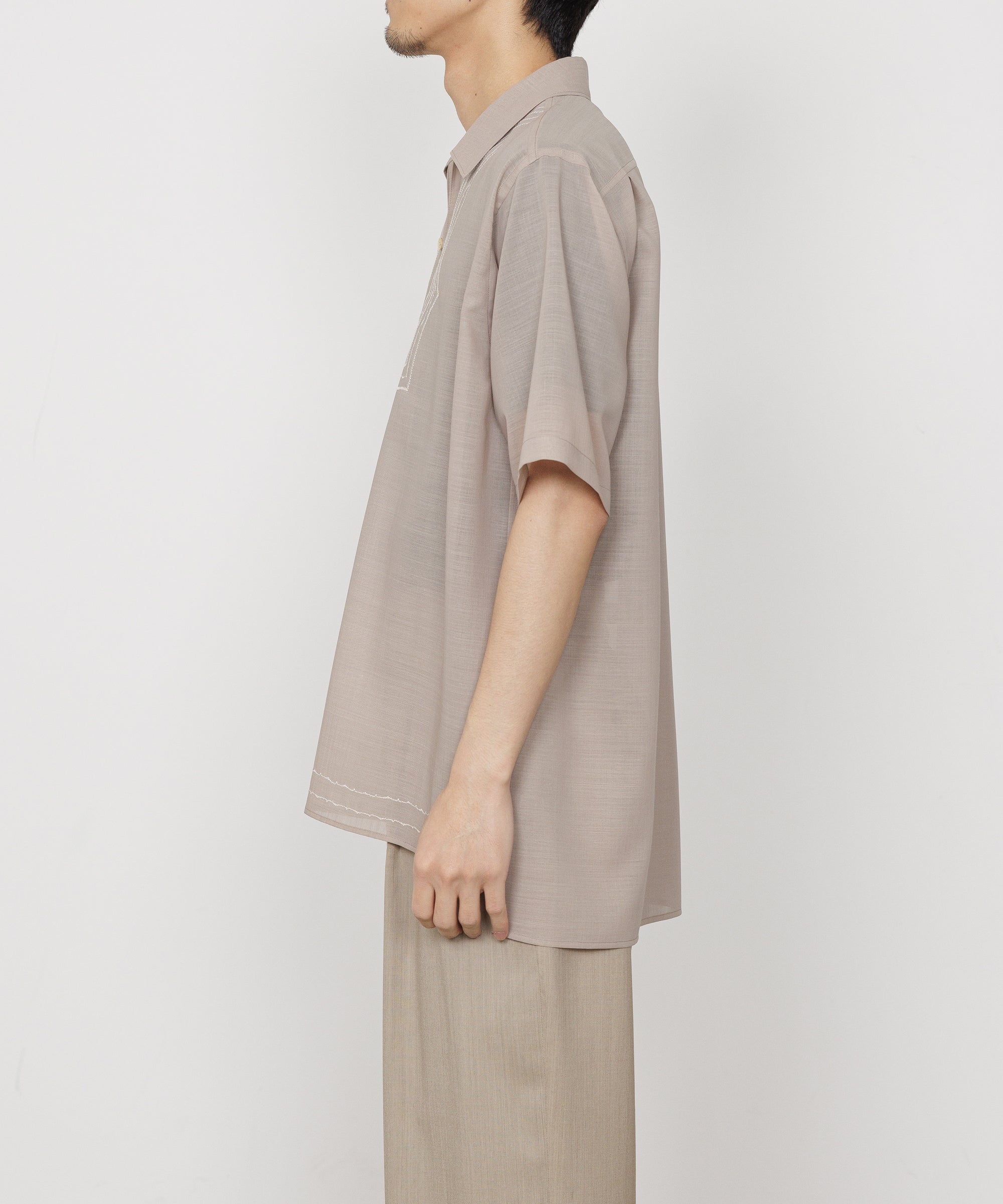Wool×Recycle Polyester Tropical Embroiderr Skipper S/S Shirt, Beige