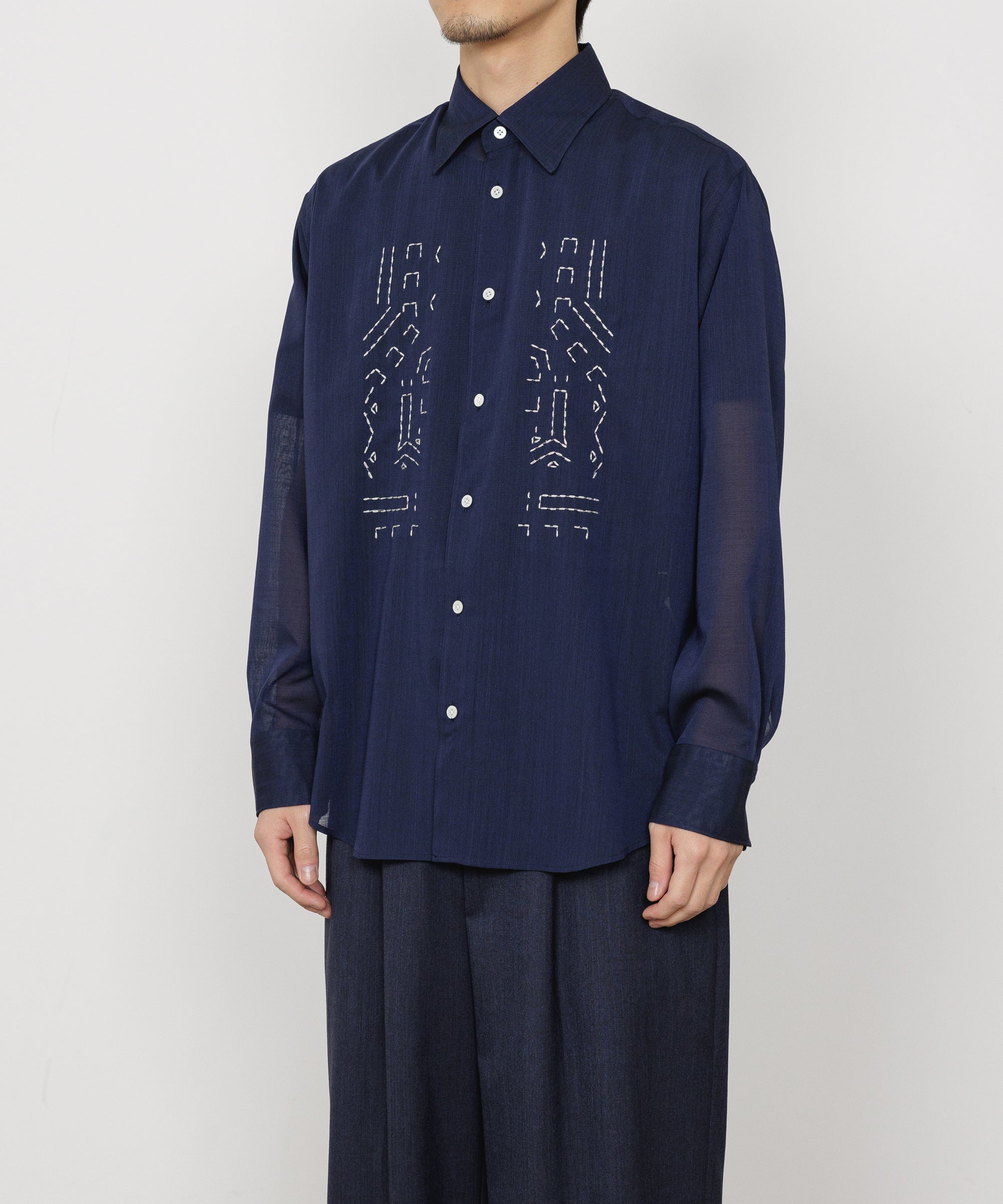 Wool×Recycle Polyester Tropical Embroidery Regular Collar Shirt, Dark Navy