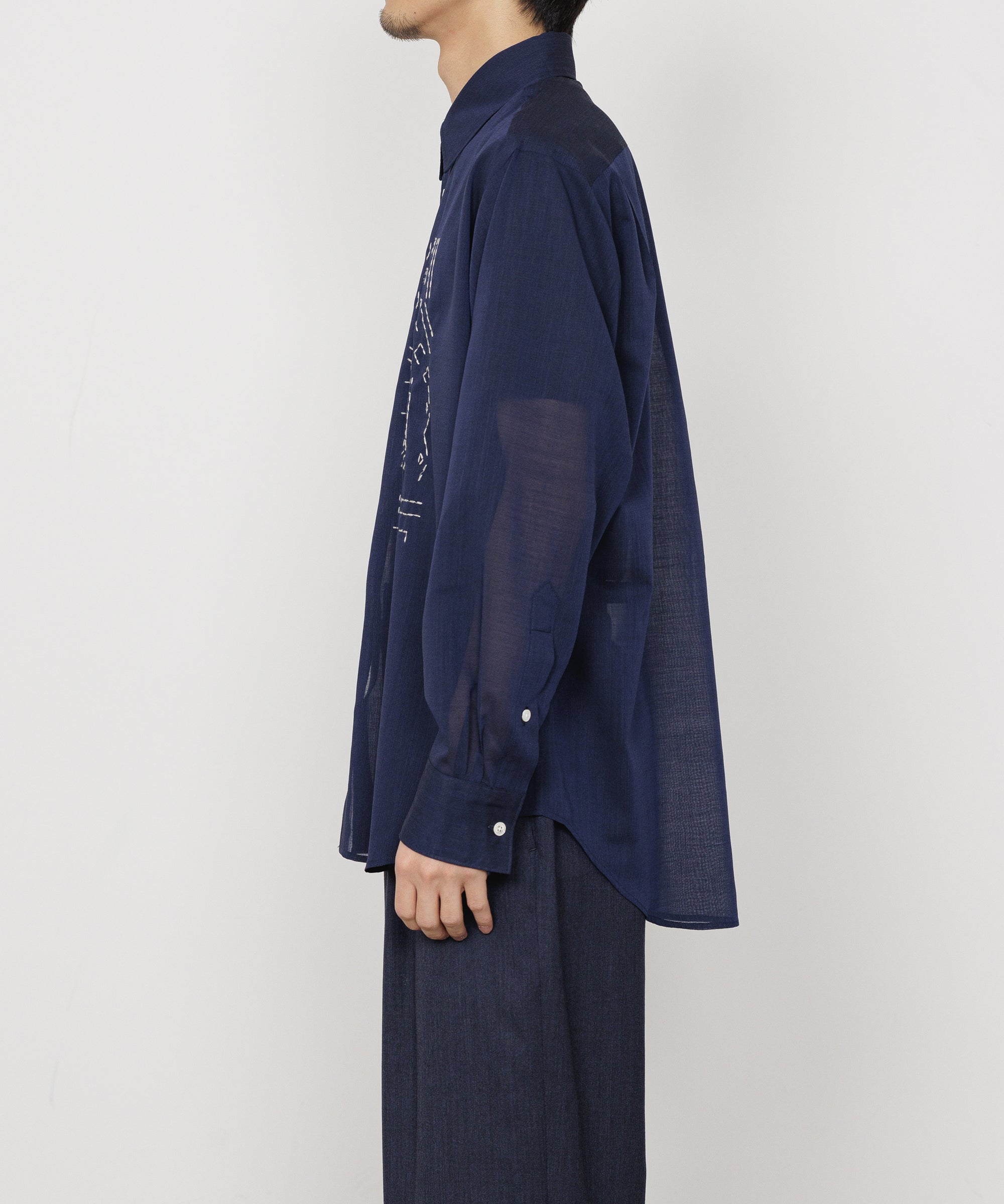 Wool×Recycle Polyester Tropical Embroidery Regular Collar Shirt, Dark Navy
