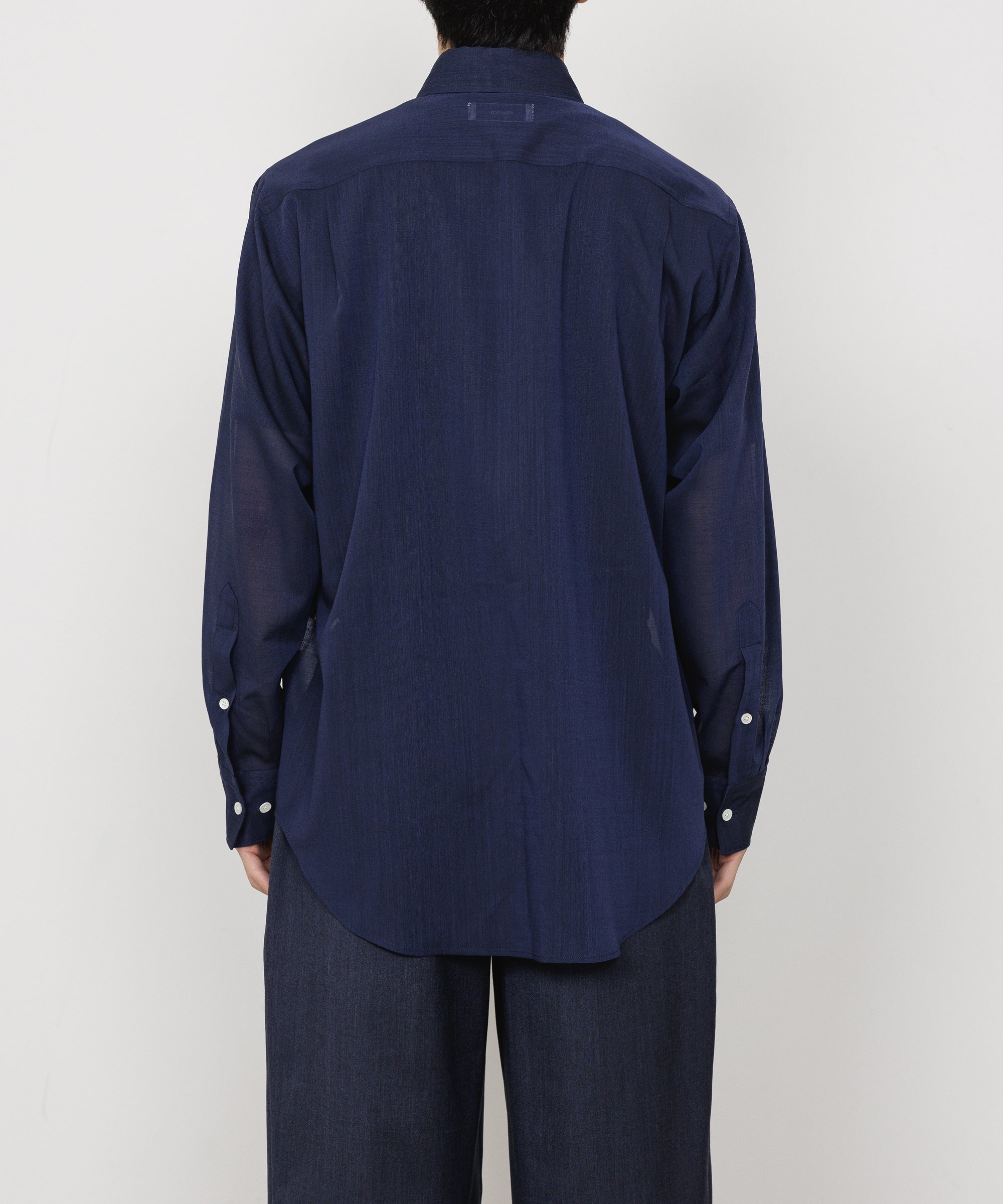 Wool×Recycle Polyester Tropical Embroidery Regular Collar Shirt, Dark Navy