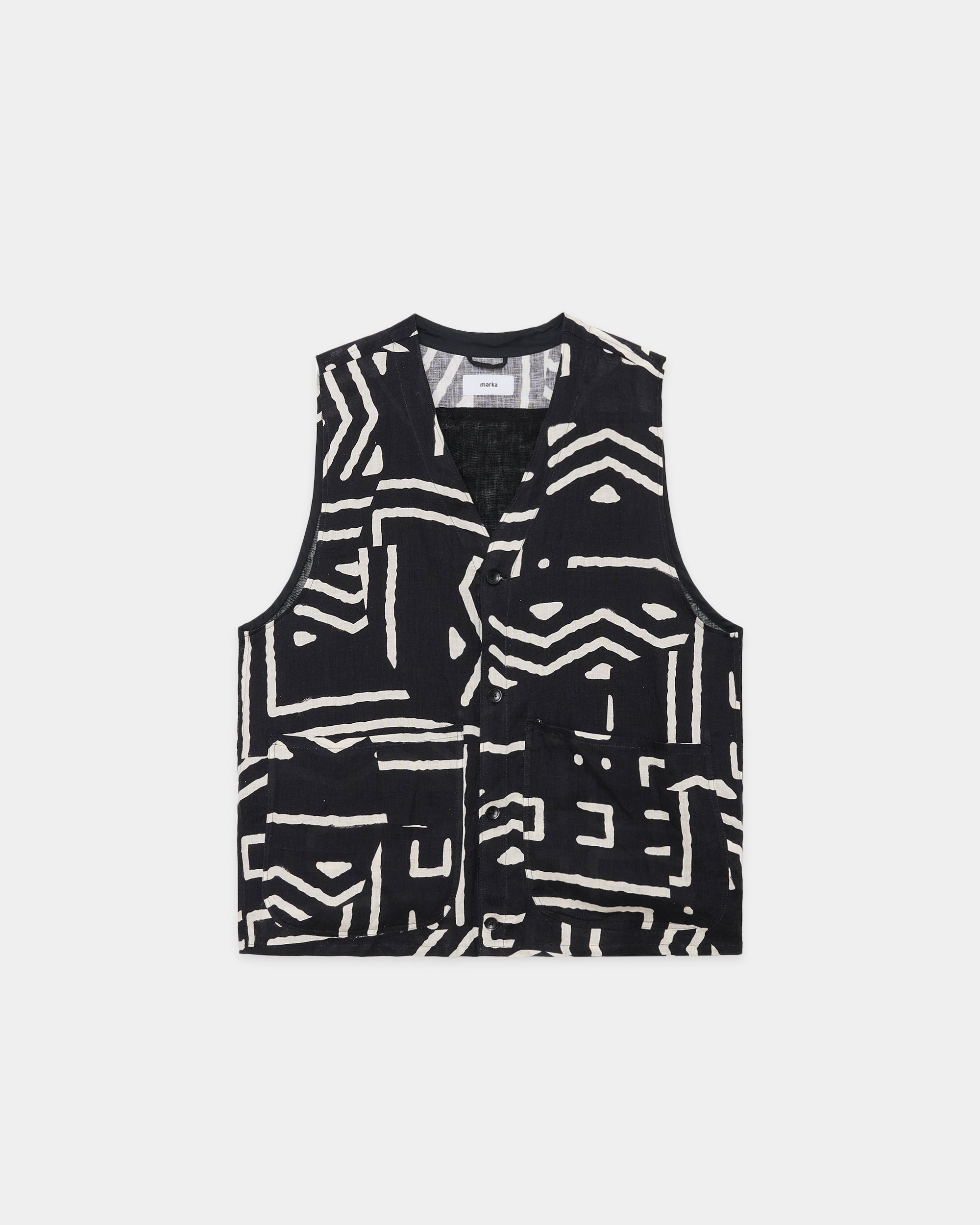 LINEN TROPICAL FIELDMAN VEST, Black x Ivory