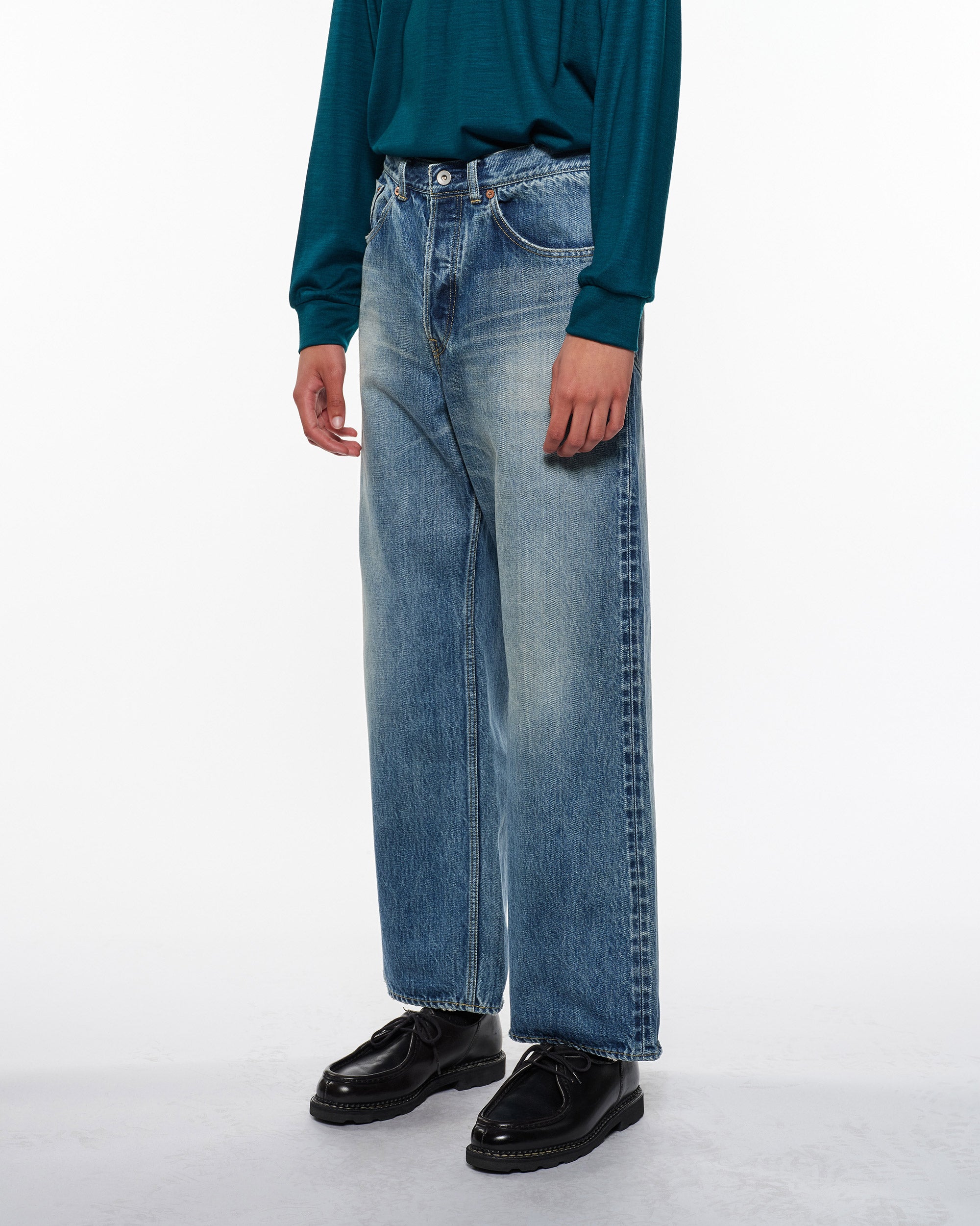 オーガニックコットン 13.5oz セルビッチデニム / ワイドレッグジーンズ, Used Washed