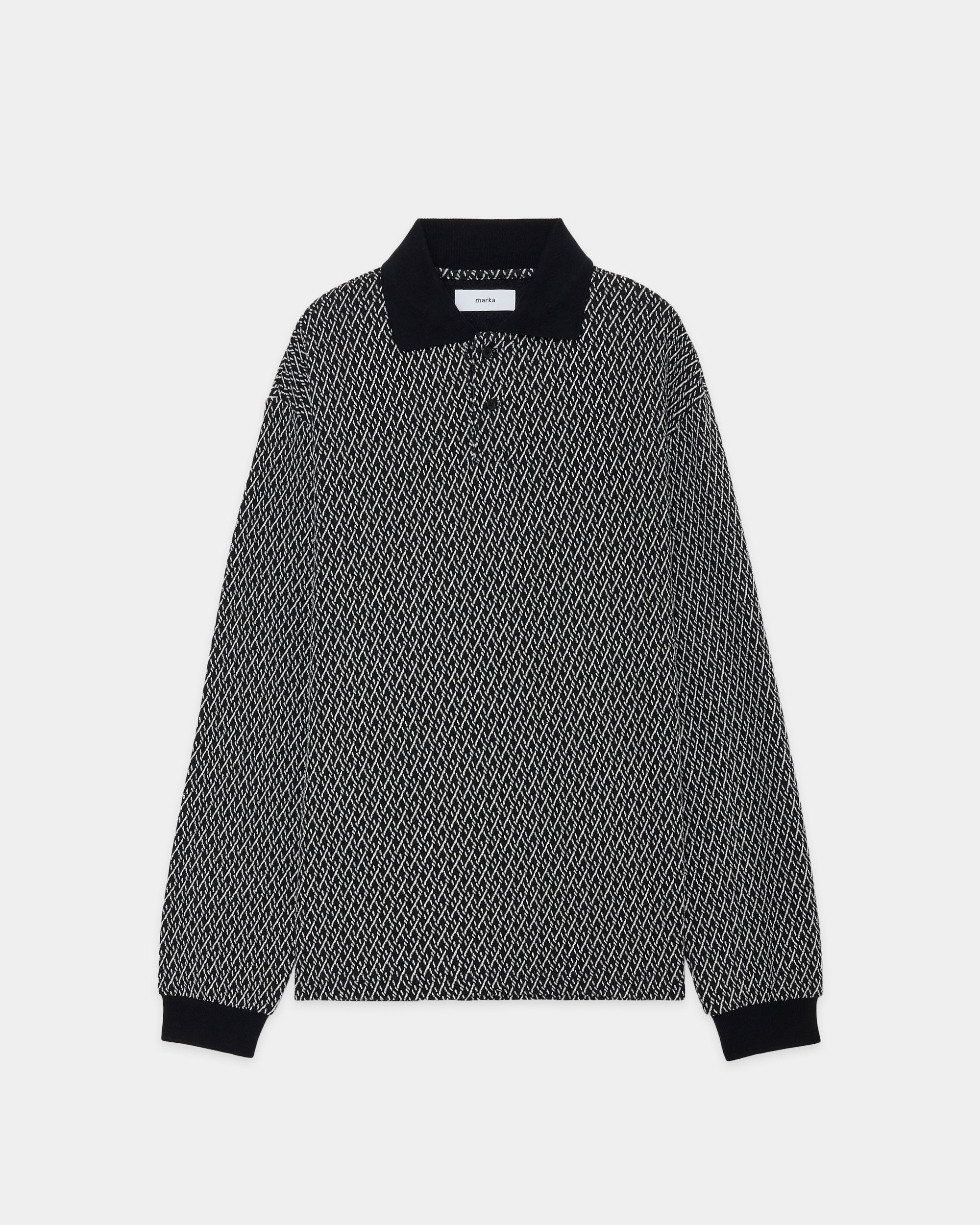 オーガニックコットン幾何柄ジャカード / 2ボタンポロL/S Tee, Black × Ivory