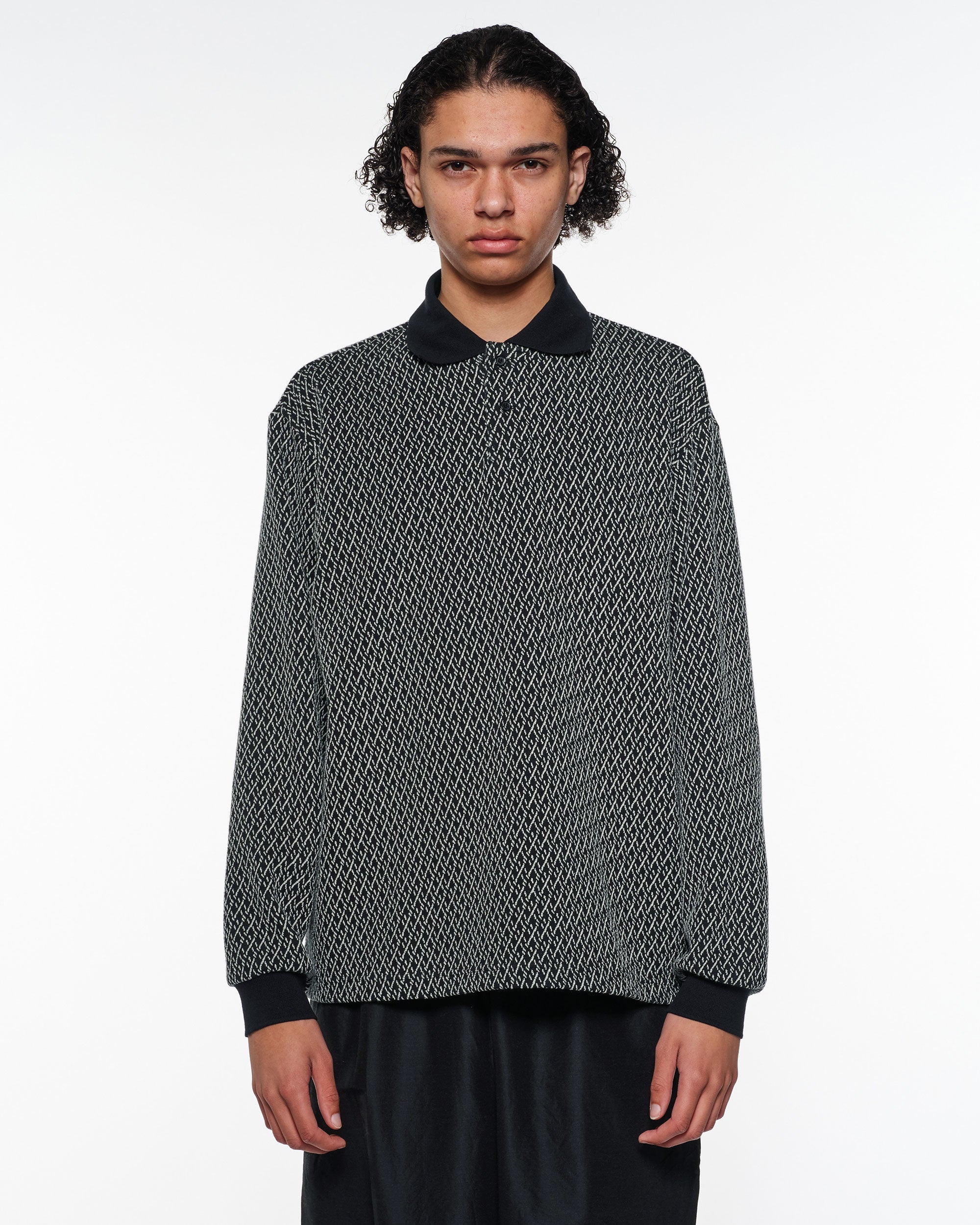 オーガニックコットン幾何柄ジャカード / 2ボタンポロL/S Tee, Black × Ivory