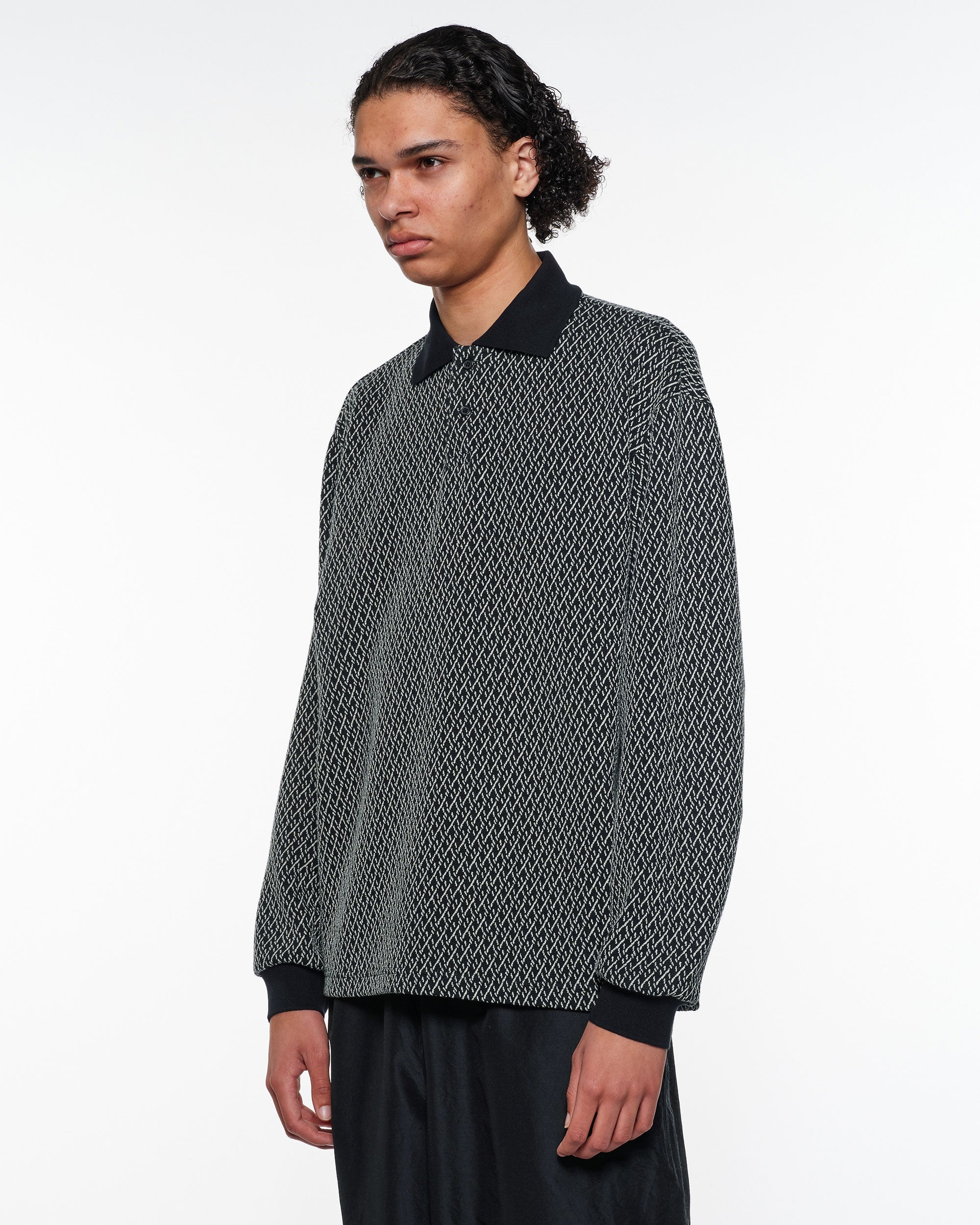 オーガニックコットン幾何柄ジャカード / 2ボタンポロL/S Tee, Black × Ivory