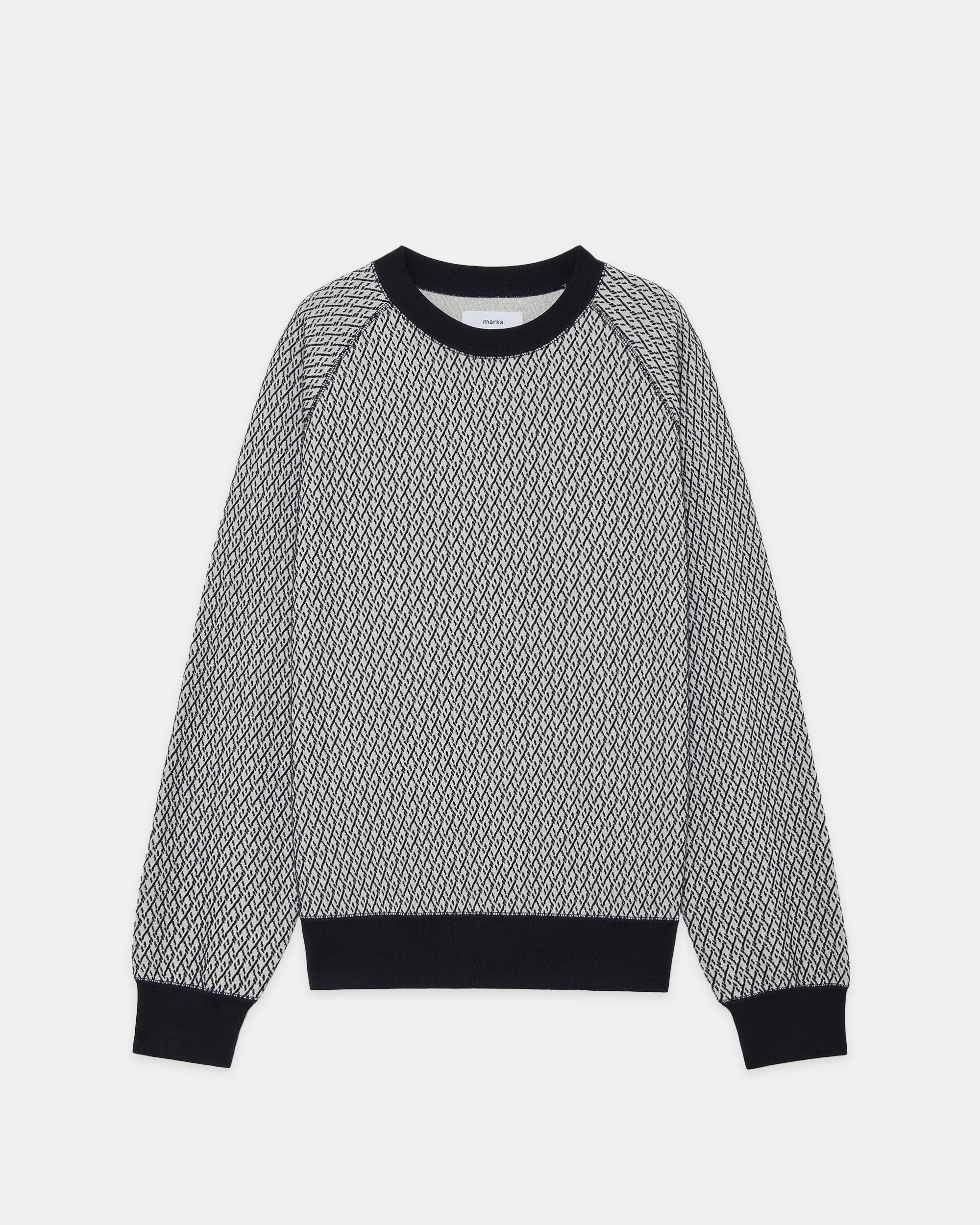 オーガニックコットン幾何柄ジャカード / ラグランクルーネック, Ivory × Navy