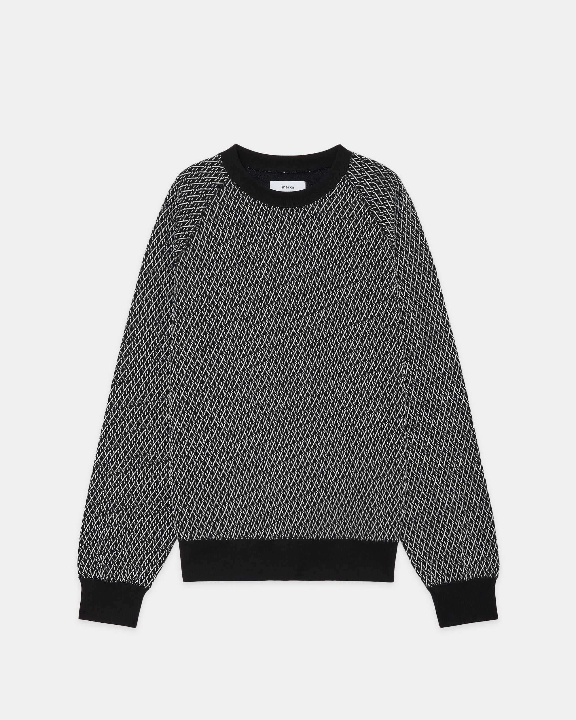 オーガニックコットン幾何柄ジャカード / ラグランクルーネック, Black × Ivory