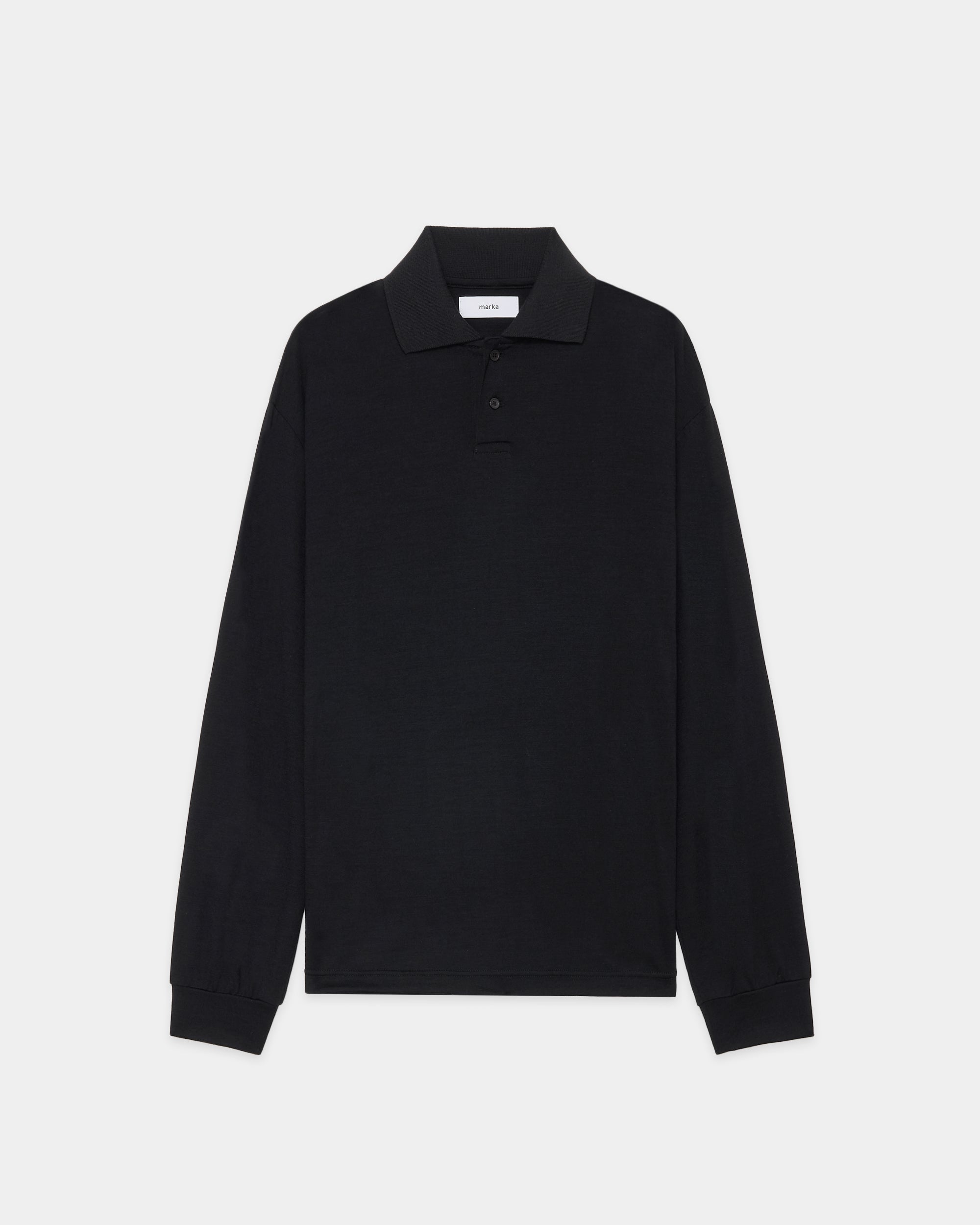 2/72 Wool Single Jersey Washable Two Button Polo L/S Tee, Black