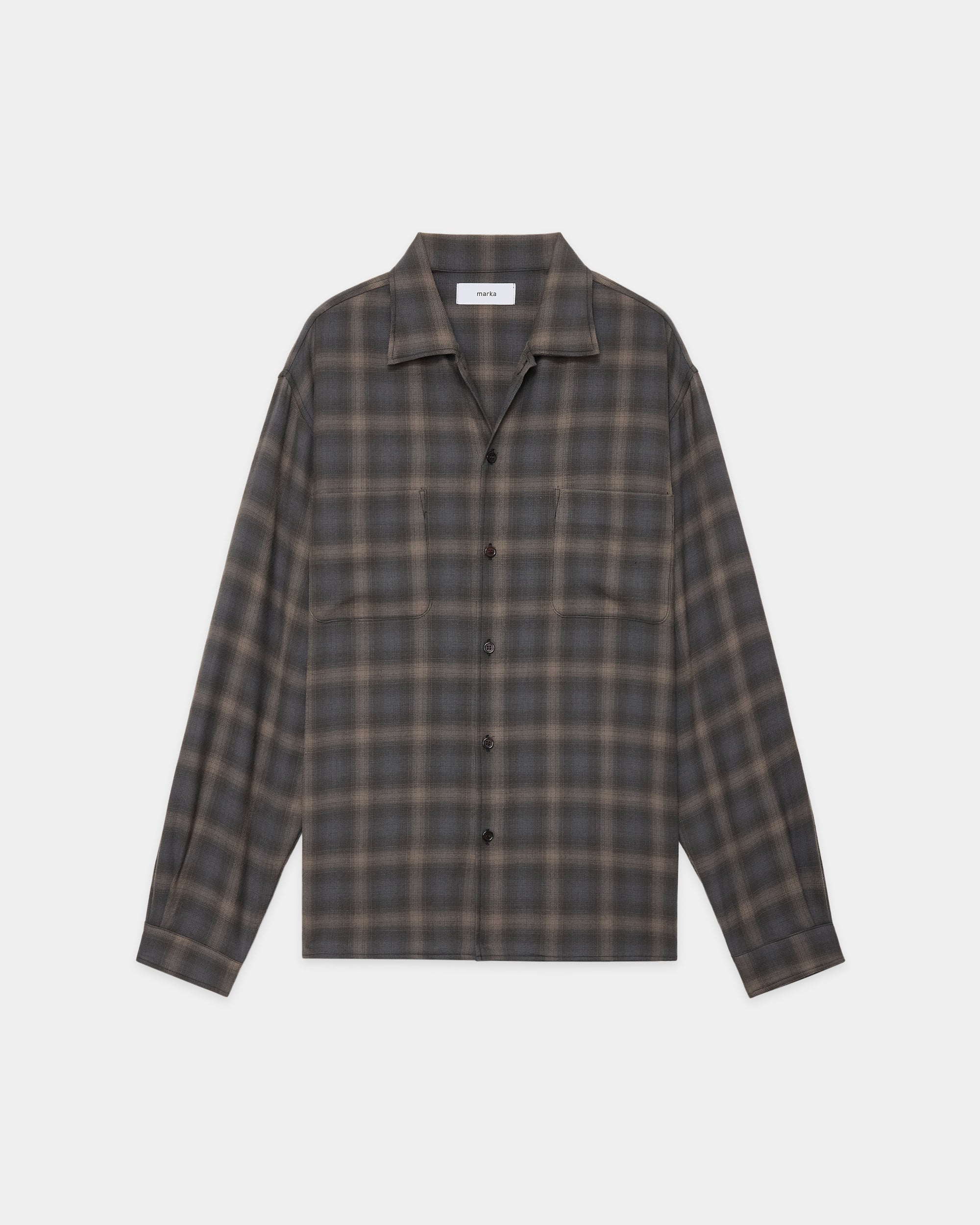 Super 140S 2/96 Wool Viyella Double Pocket Open Collar L/S Shirt, Gray Check