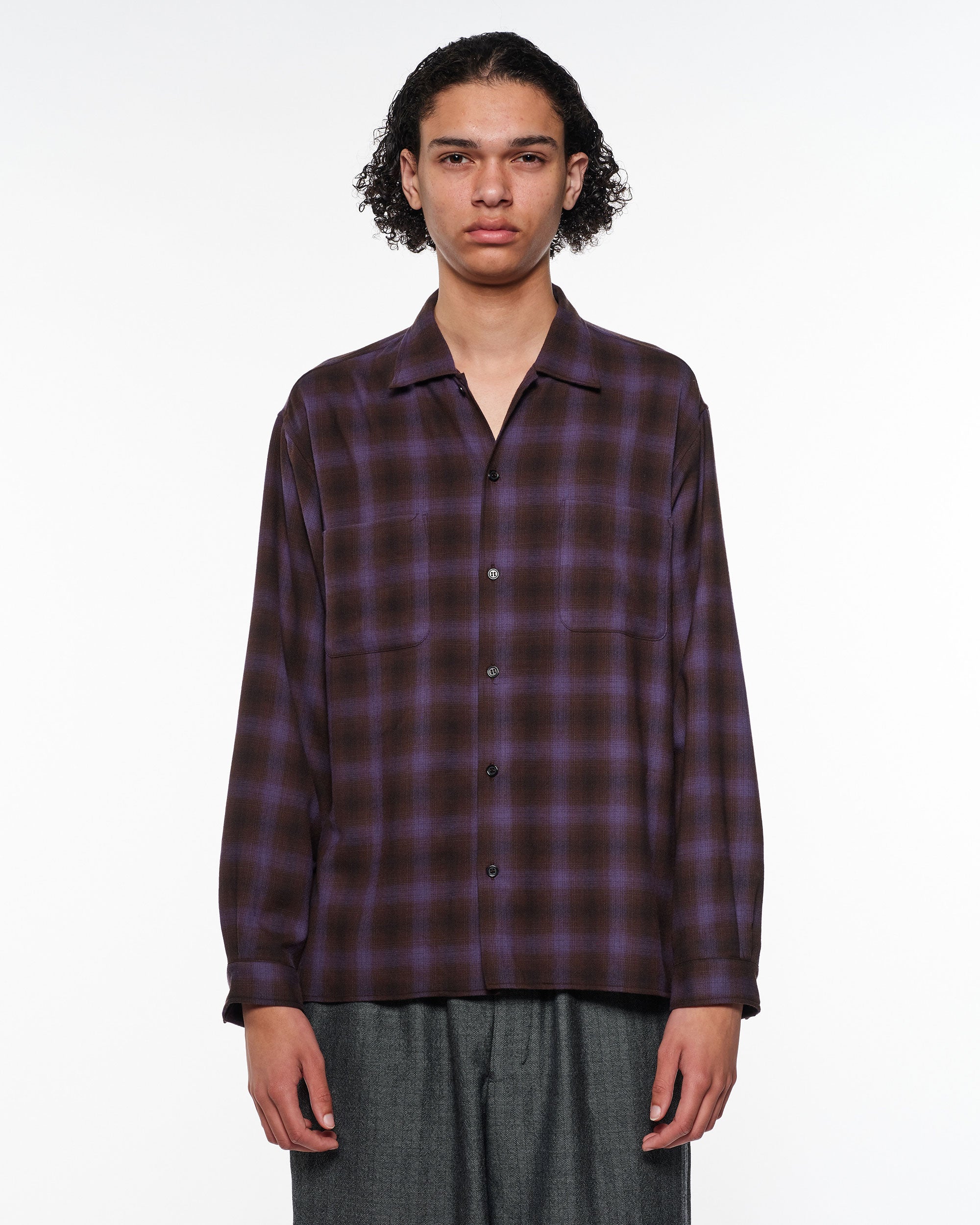 スーパー140'sウールビエラワッシャー タンブラー / ダブルポケットオープンカラーL/Sシャツ, Purple Check