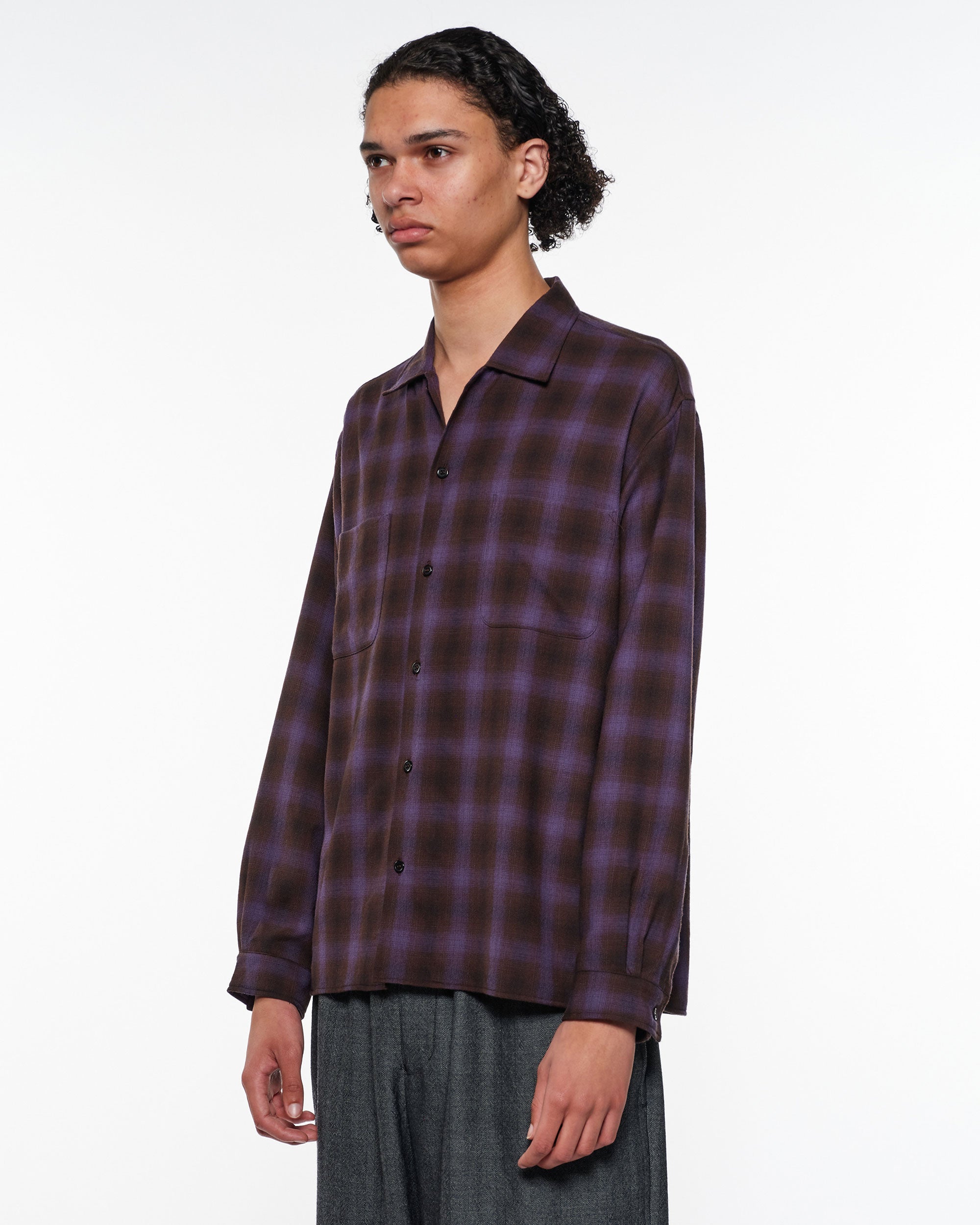 スーパー140'sウールビエラワッシャー タンブラー / ダブルポケットオープンカラーL/Sシャツ, Purple Check