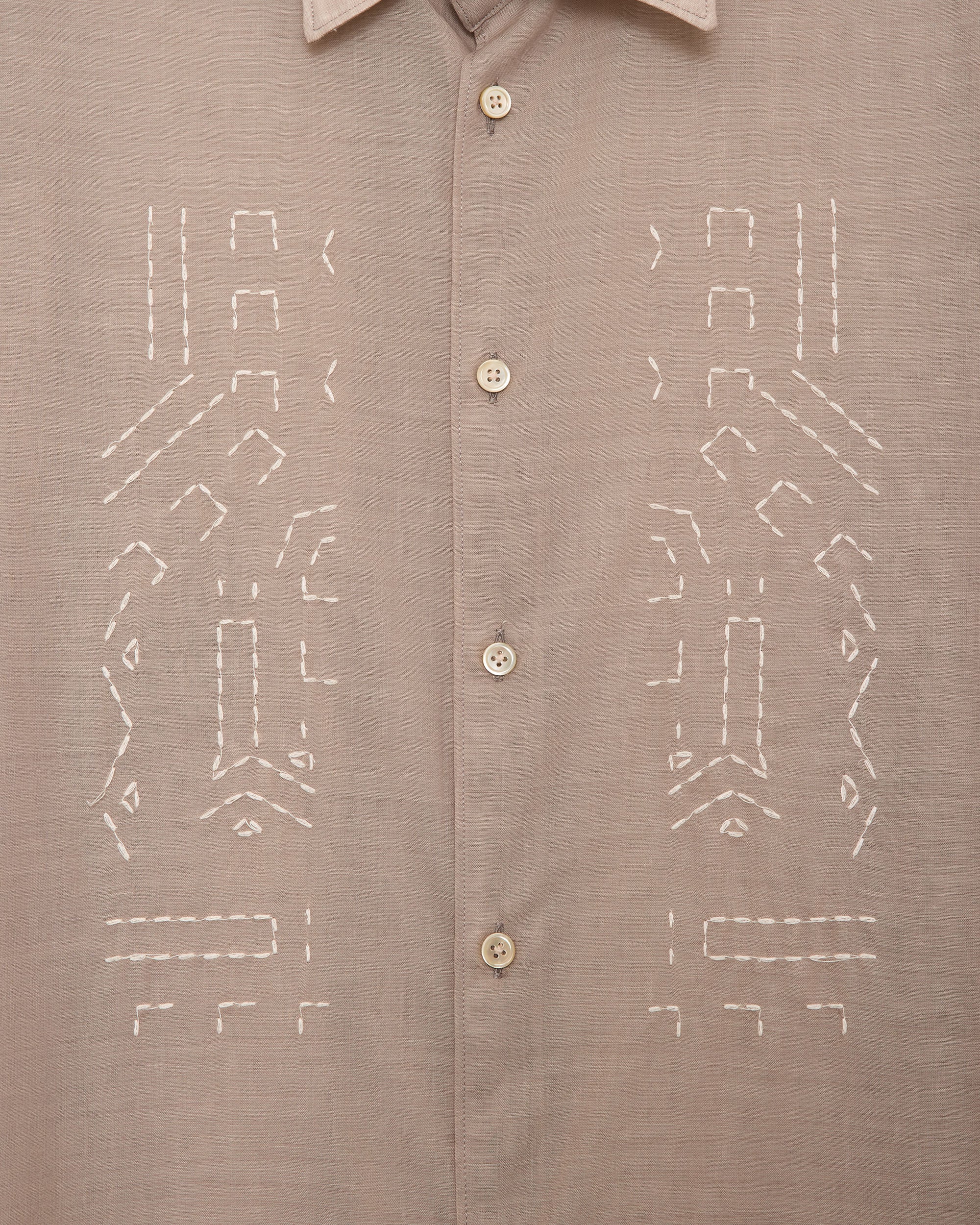 Wool×Recycle Polyester Tropical Embroidery Regular Collar Shirt, Beige