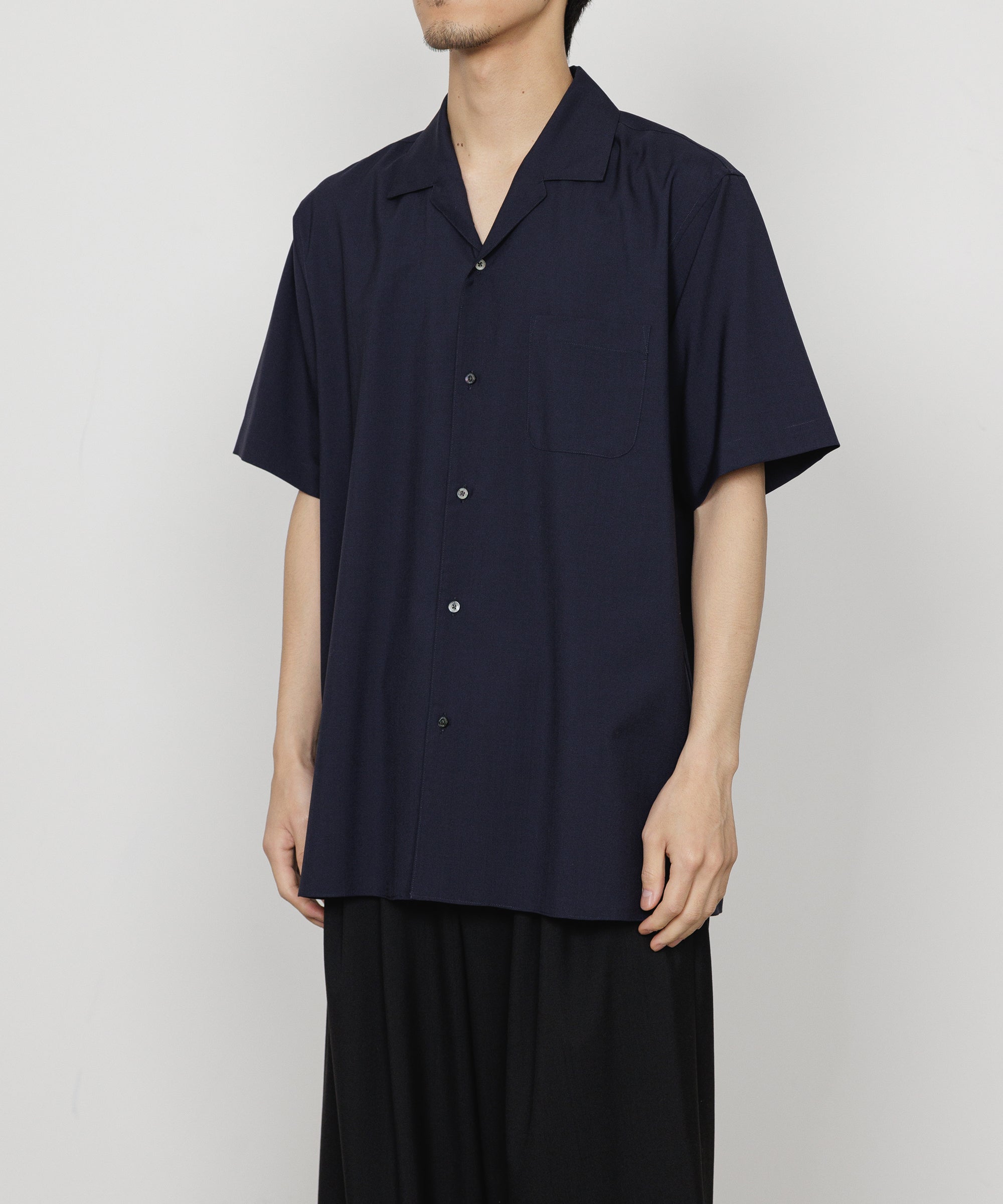 オーガニックウール 2/80 トロピカル / イタリアンオープンカラーS/Sシャツ, Navy