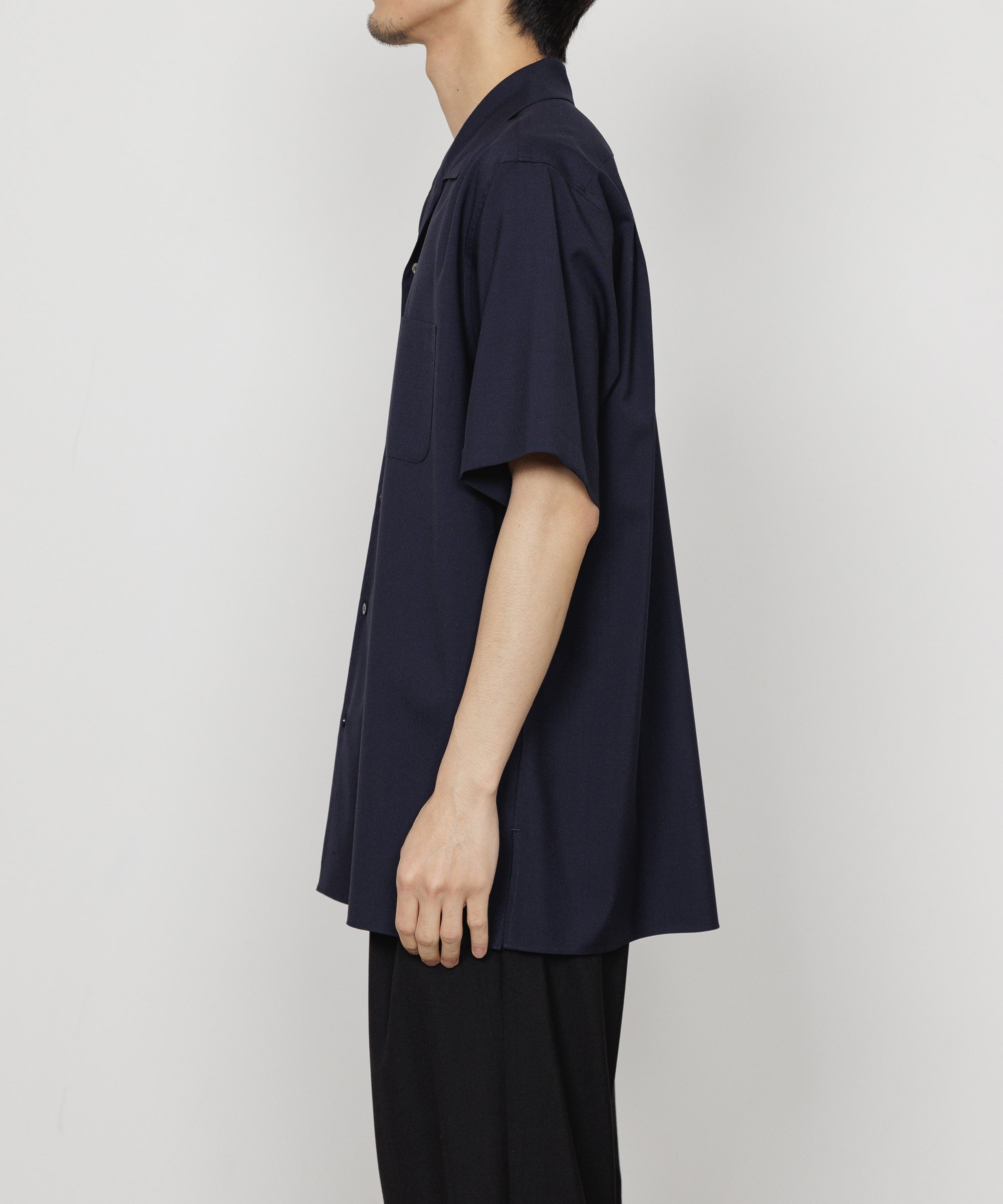 オーガニックウール 2/80 トロピカル / イタリアンオープンカラーS/Sシャツ, Navy