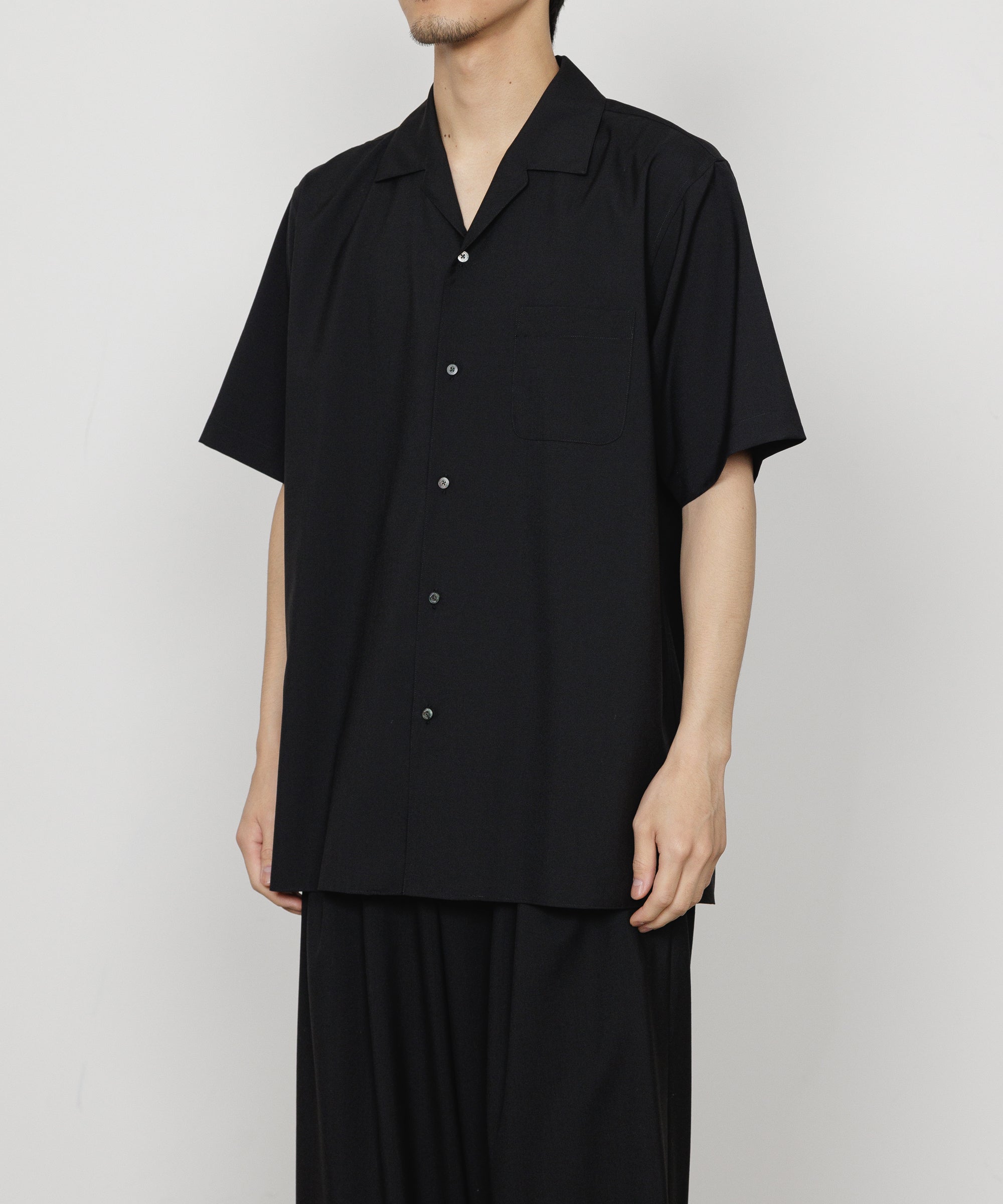 オーガニックウール 2/80 トロピカル / イタリアンオープンカラーS/Sシャツ, Black