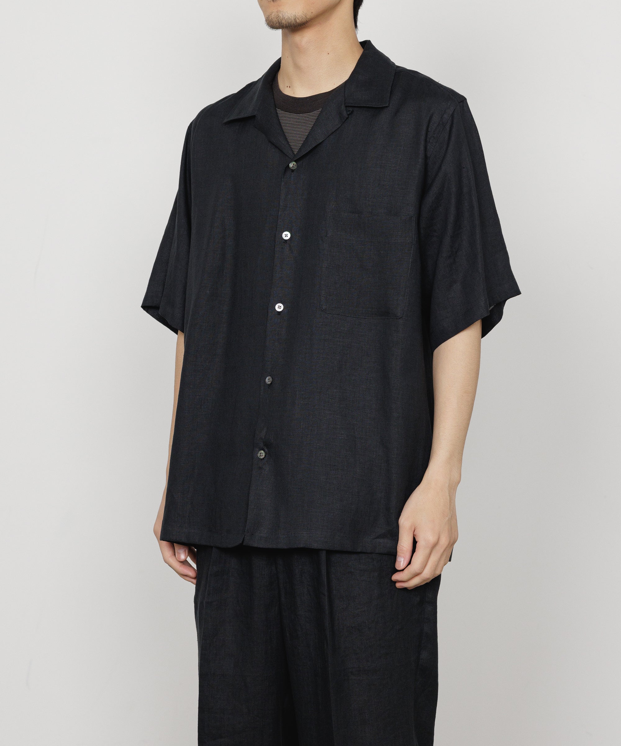 ヘンプ細布 / NEWオープンカラーS/Sシャツ, Black