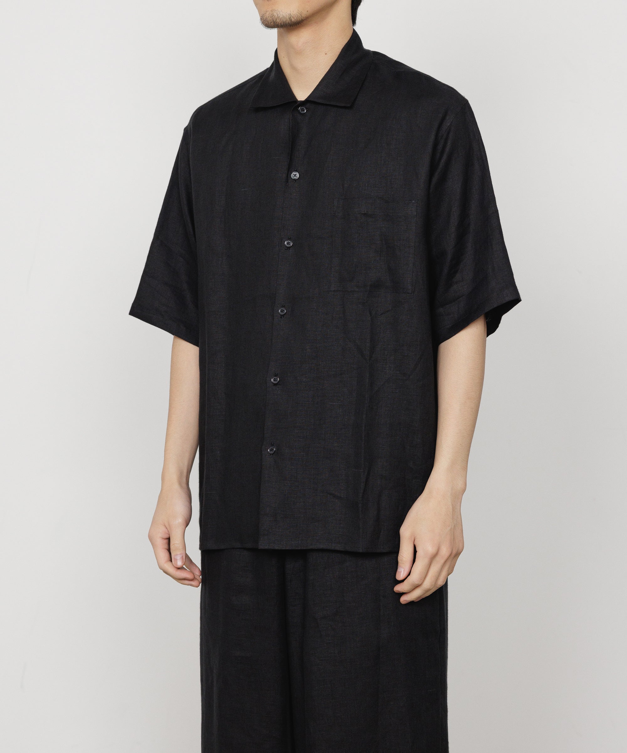 LINEN TROPICAL OPEN COLLAR S/S SHIRT, Black