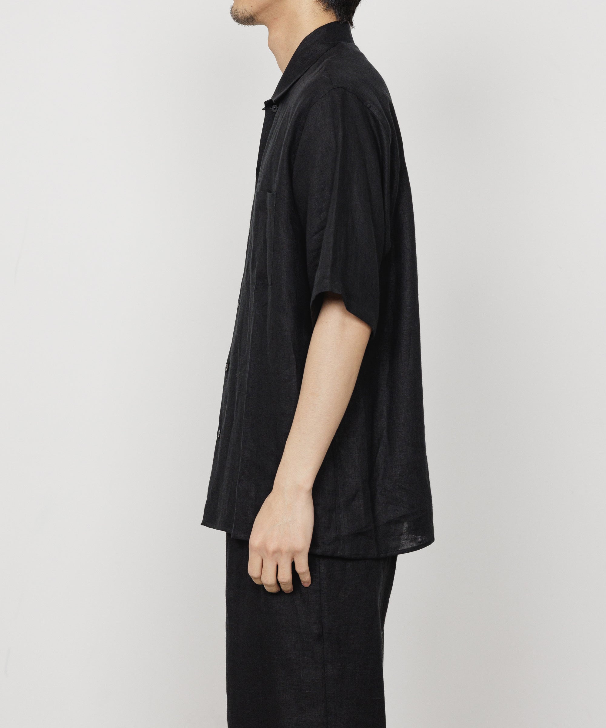 LINEN TROPICAL OPEN COLLAR S/S SHIRT, Black