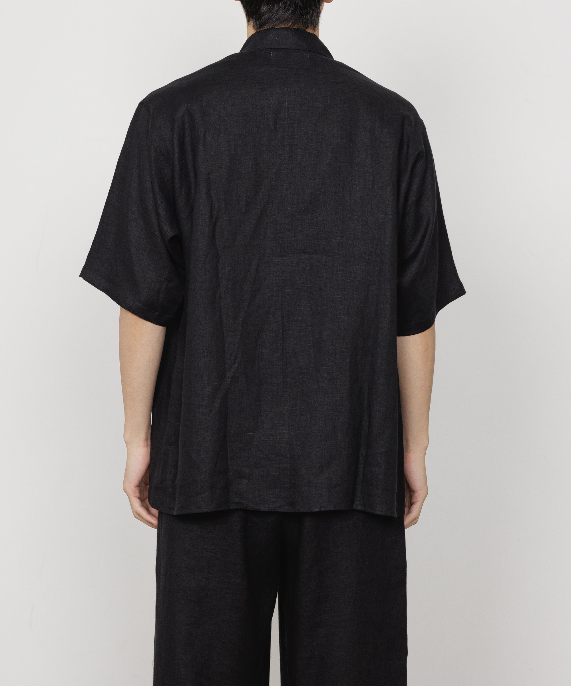 LINEN TROPICAL OPEN COLLAR S/S SHIRT, Black