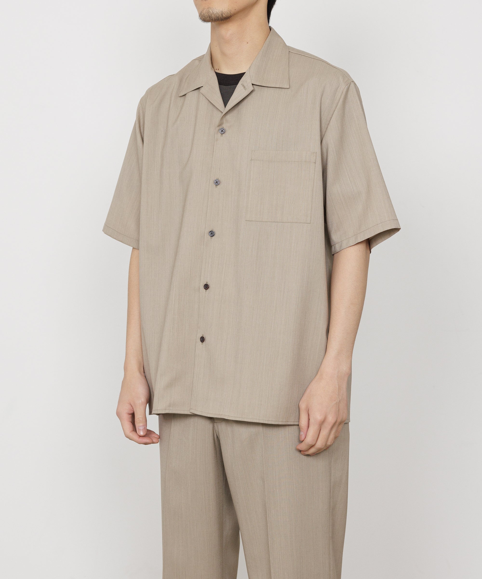 2/60 WOOL TROPICAL MELANGE OPEN COLLAR S/S SHIRT, Beige