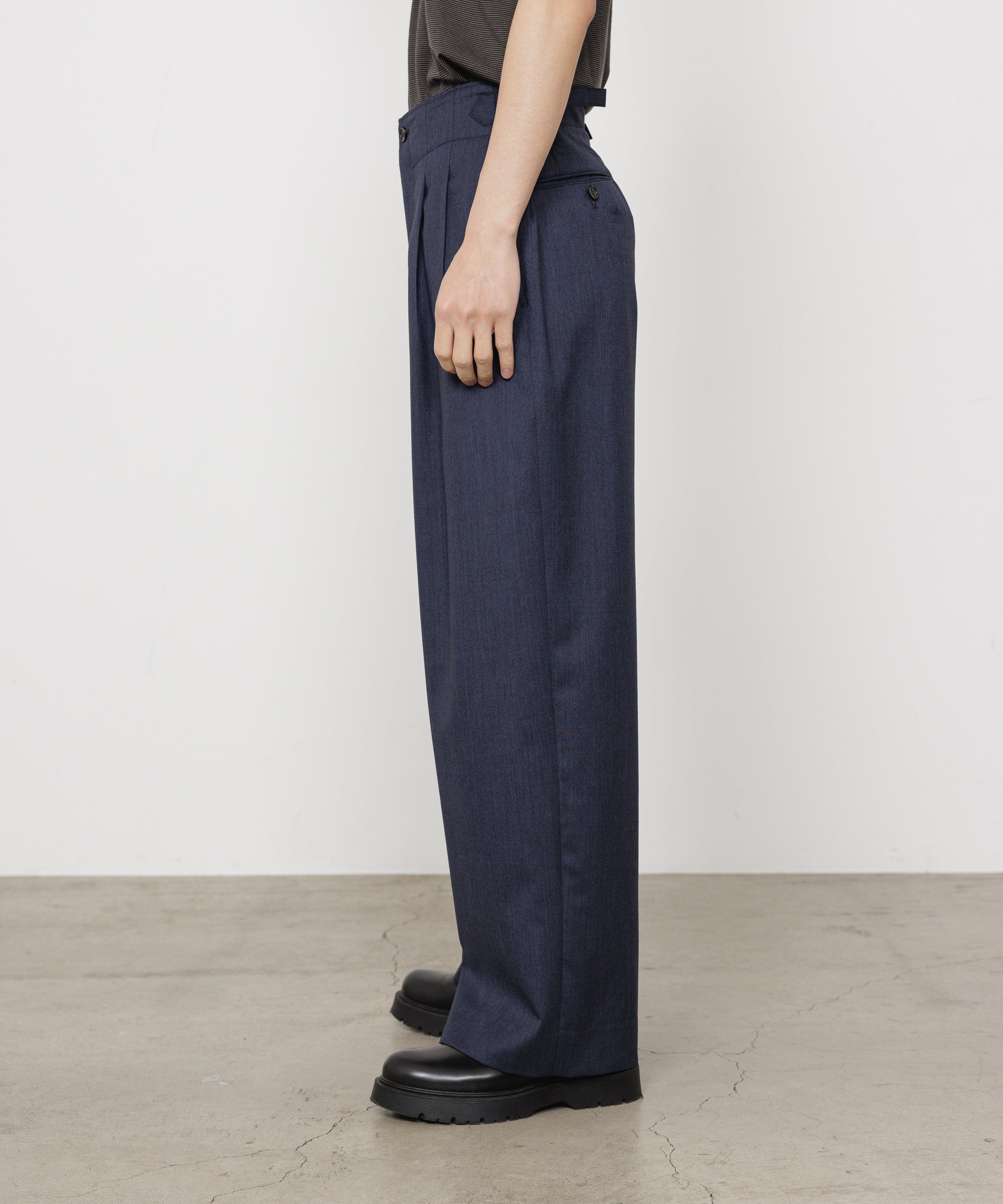 2/60 WOOL TROPICAL MELANGE TWO TUCK MILITARY TROUSERS, Dark Navy