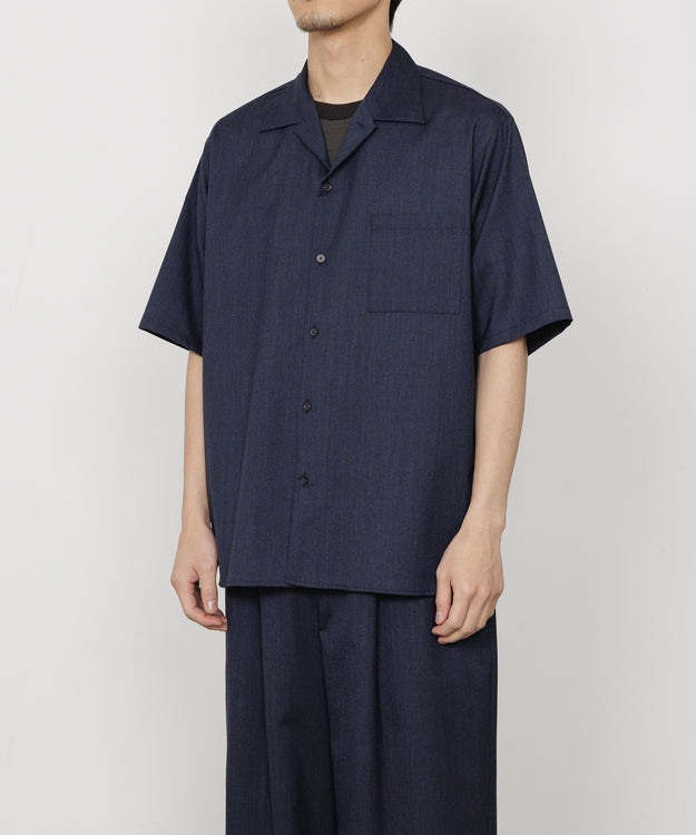 2/60 WOOL TROPICAL MELANGE OPEN COLLAR S/S SHIRT, Dark Navy