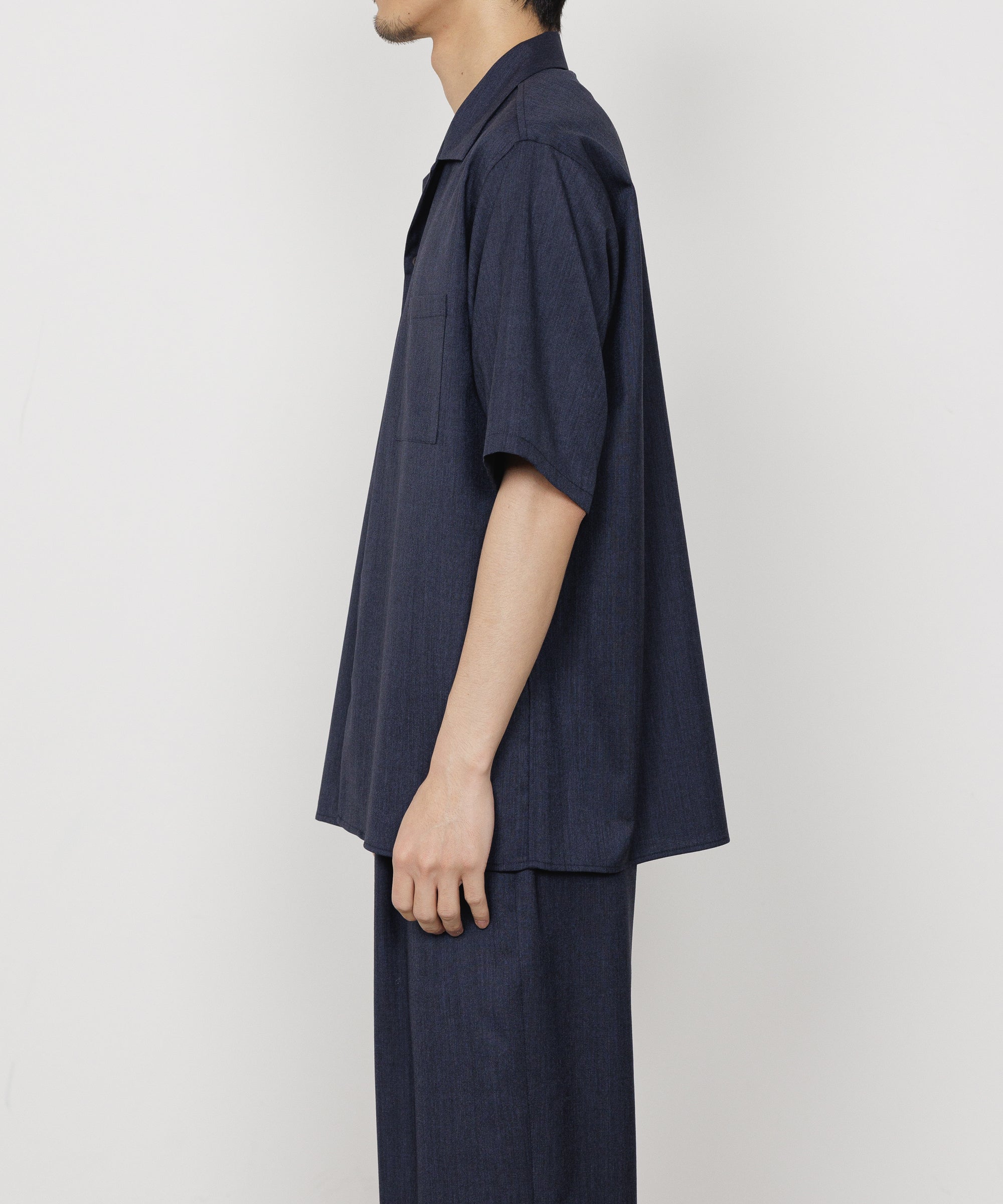 2/60 WOOL TROPICAL MELANGE OPEN COLLAR S/S SHIRT, Dark Navy