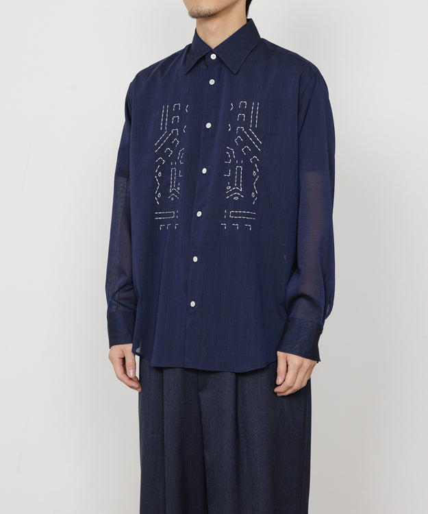 Wool×Recycle Polyester Tropical Embroidery Regular Collar Shirt, Dark Navy