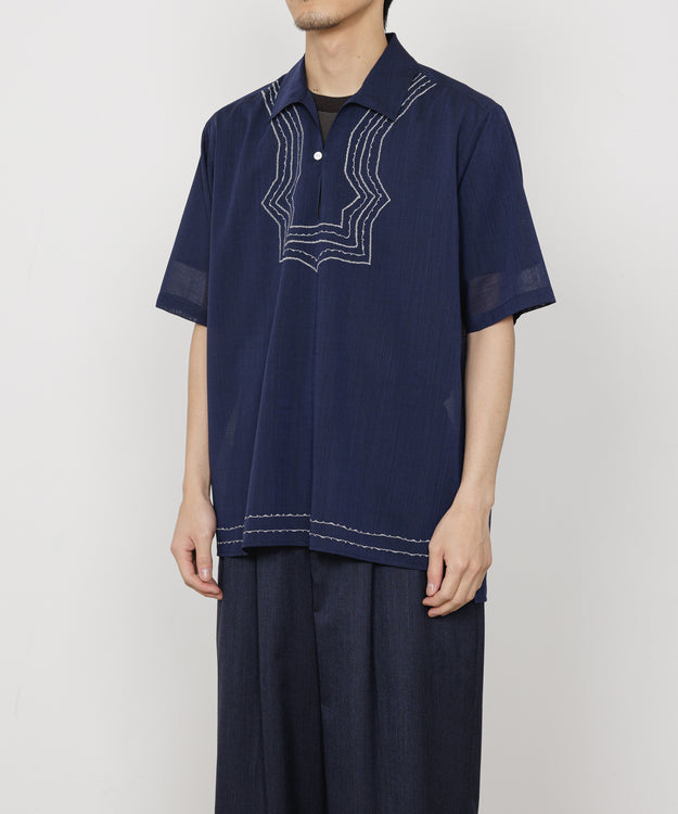 Wool×Recycle Polyester Tropical Embroiderr Skipper S/S Shirt, Dark Navy