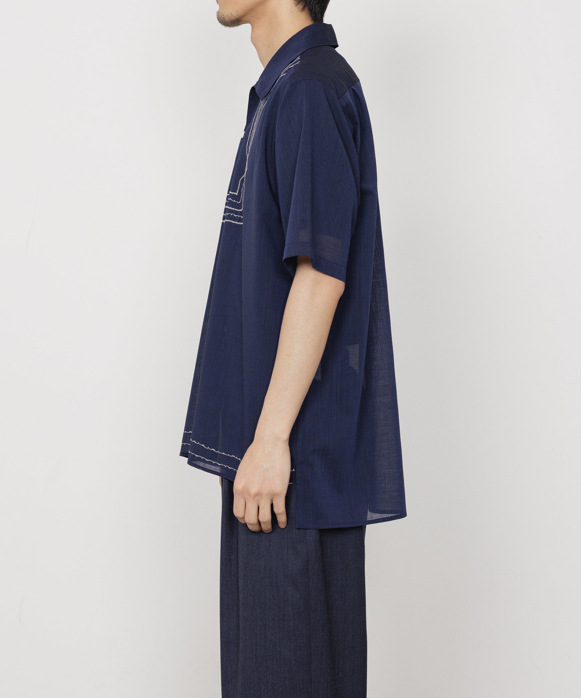 Wool×Recycle Polyester Tropical Embroiderr Skipper S/S Shirt, Dark Navy