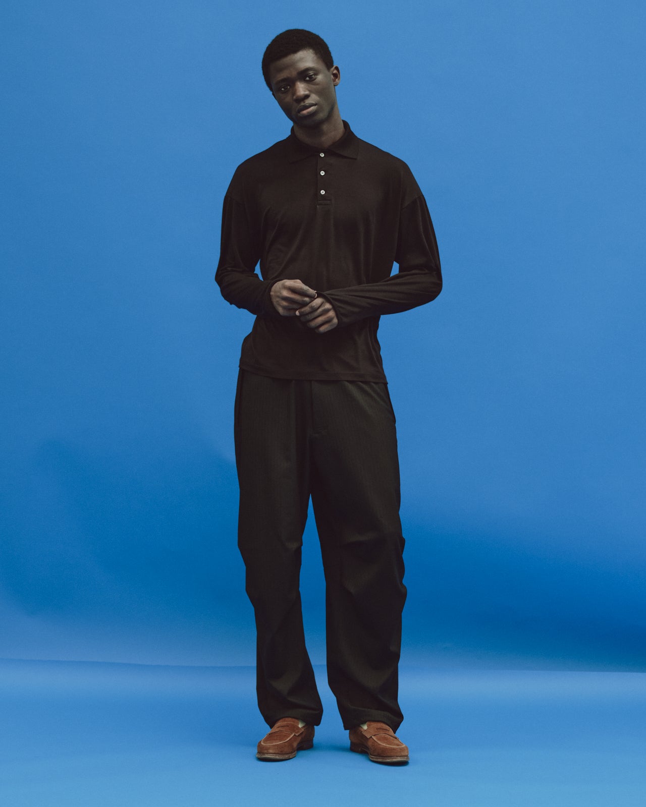 SUPER 160s WOOL WASHABLE KNIT LONG SLEEVE POLO, Black