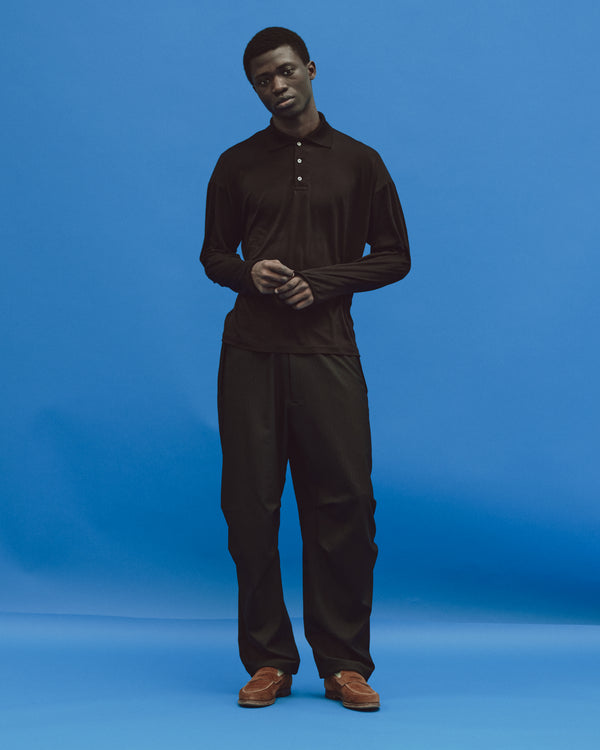 SUPER 160s WOOL WASHABLE KNIT LONG SLEEVE POLO, Black