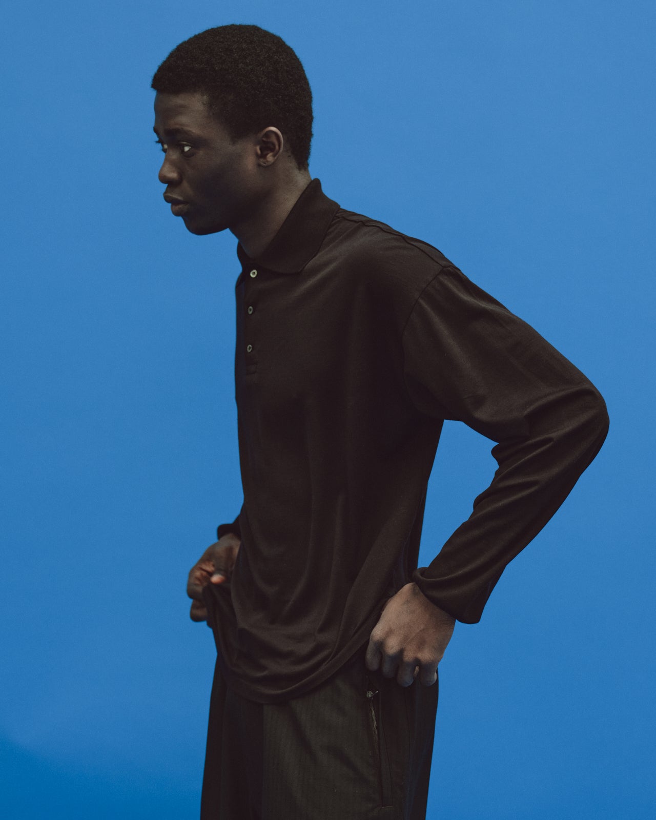 SUPER 160s WOOL WASHABLE KNIT LONG SLEEVE POLO, Black