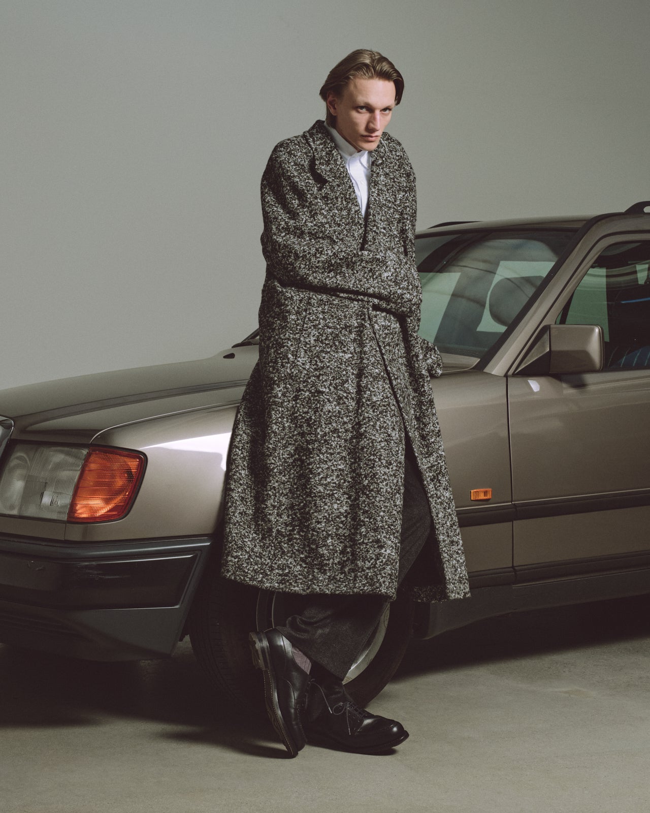 アルパカループツイード / ダブルブレステッドオーバーコート, N Black × N White