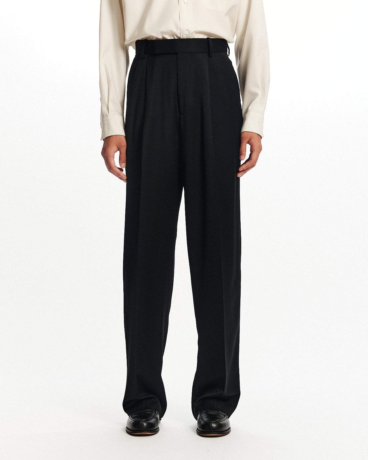 スーパー200sウールサテン / ダブルセミイージートラウザーズ, Black