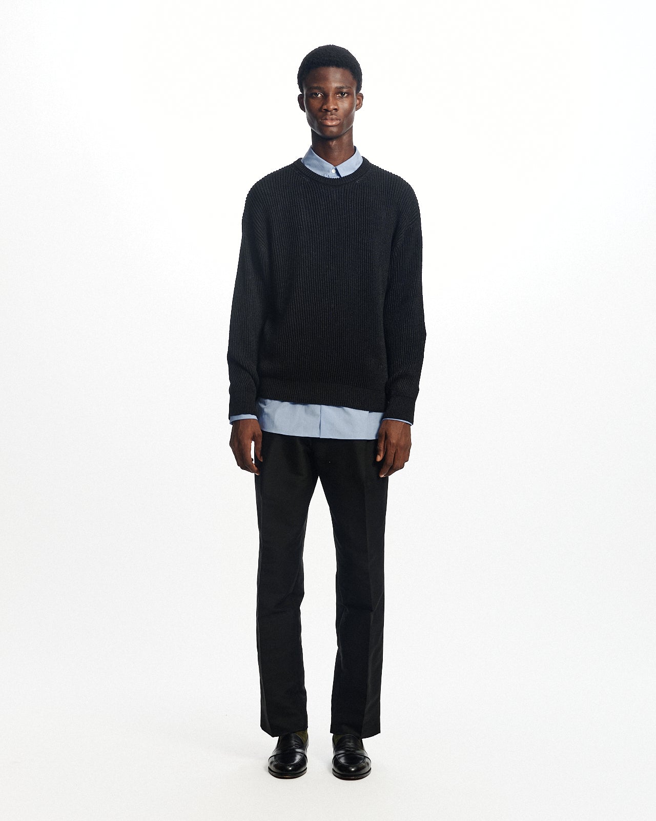 オーガニックコットンx和紙xシルクヤーン / クルーネックリブジャンパー, Black