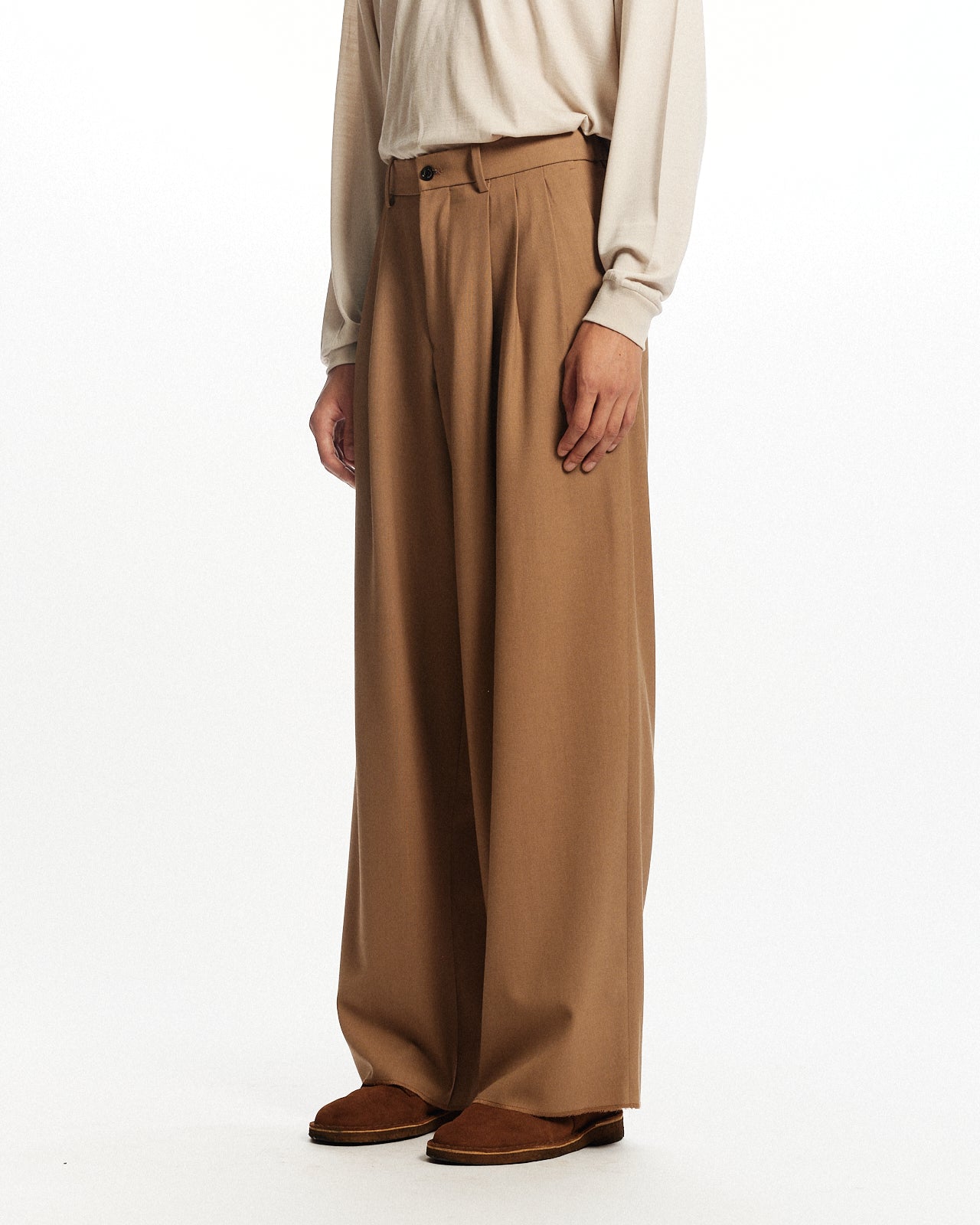 3/72アルゼンチンウールトロピカルサバイバルクロス / トリプルプリーテッド ワイドトラウザーズ, Beige