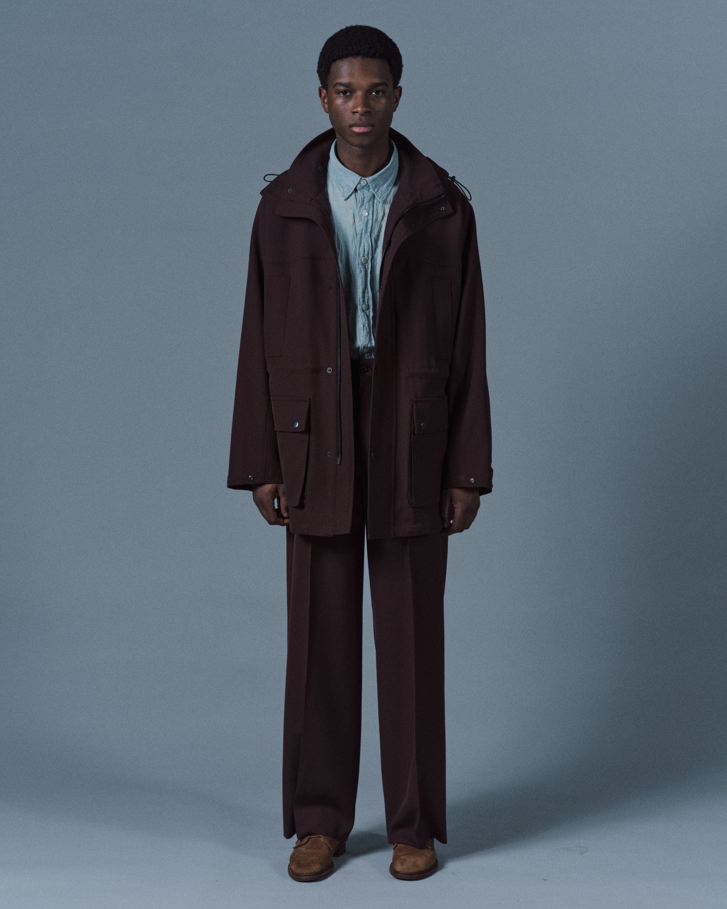Organic Wool Survival Cloth / Flat Front Wide Trousers, Dark Brown