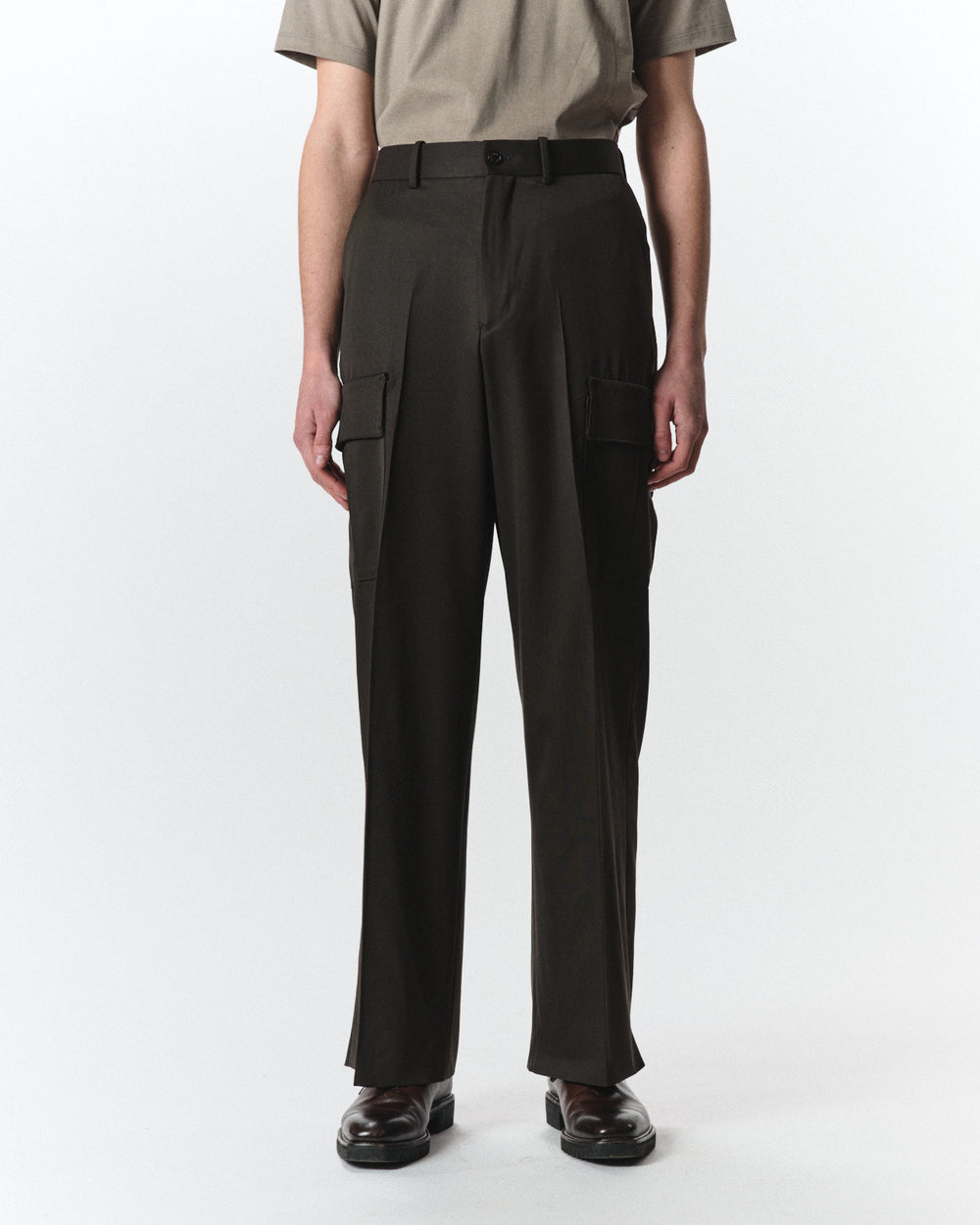Organic Wool 2/80 Gabardine / Flat Front Wide Cargo Trousers, Dark Olive
