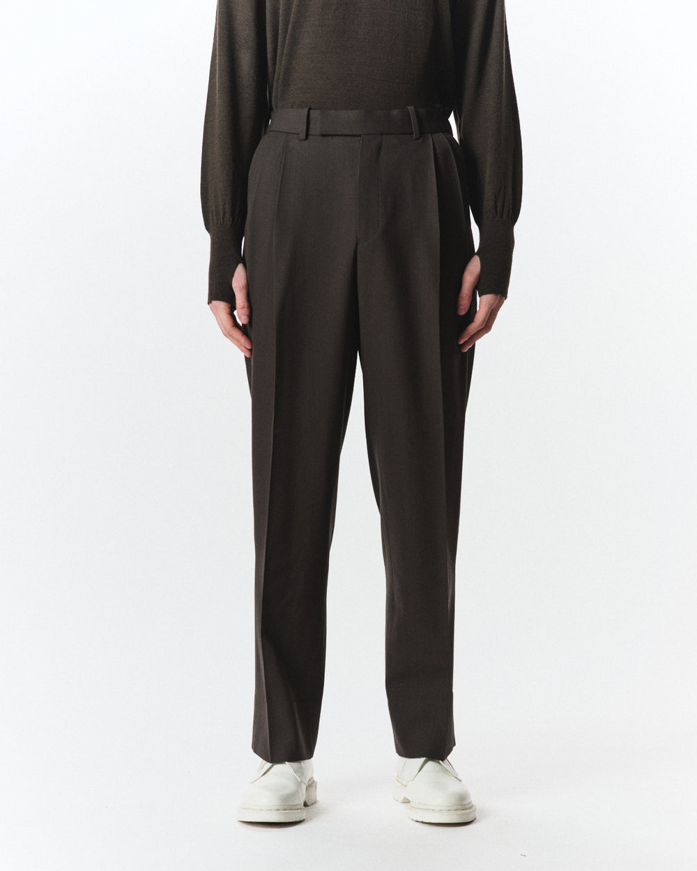 Organic Wool Survival Cloth / Double Pleated Semi Easy Trousers, Dark Sage