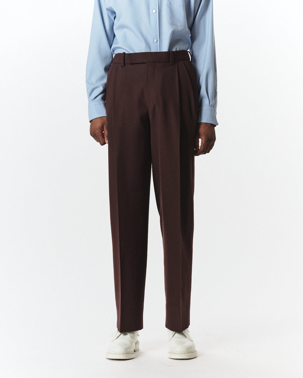 Organic Wool Survival Cloth / Double Pleated Semi Easy Trousers, Dark Brown
