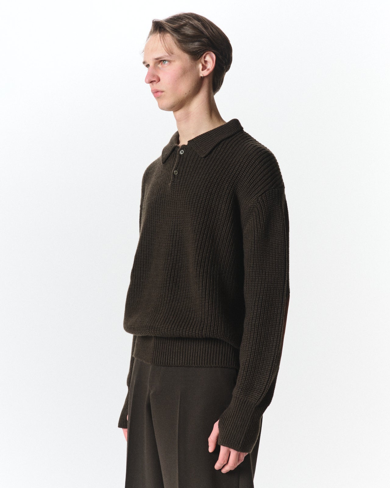 Alpaca Sixteen / Ribbed Polo Collar Jumper, Dark Olive
