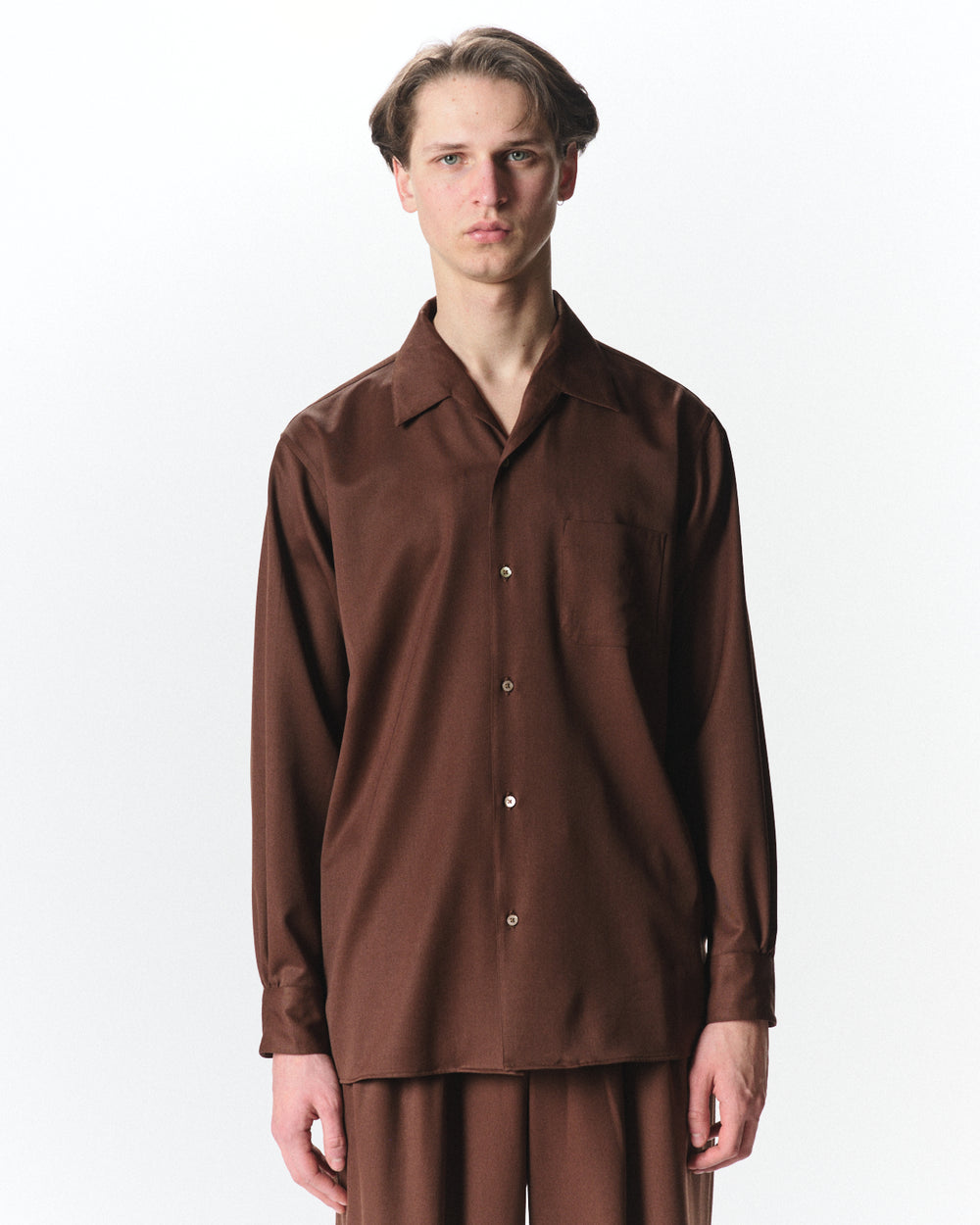 Organic Wool 2/80 Gabardine / Italian Open Collar Shirt, Dark Bronze