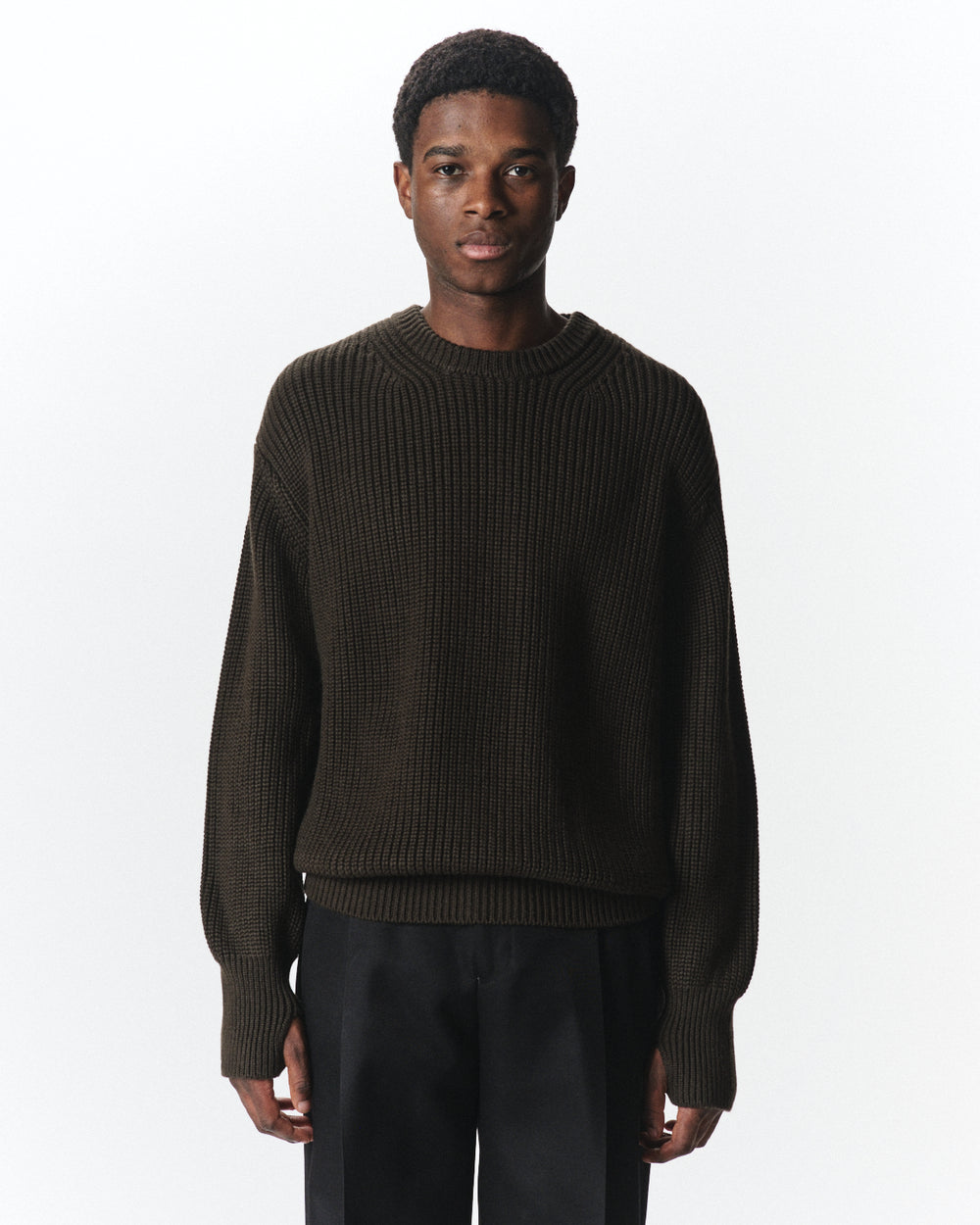 Alpaca Sixteen / Ribbed Crew Neck Jumper, Dark Olive