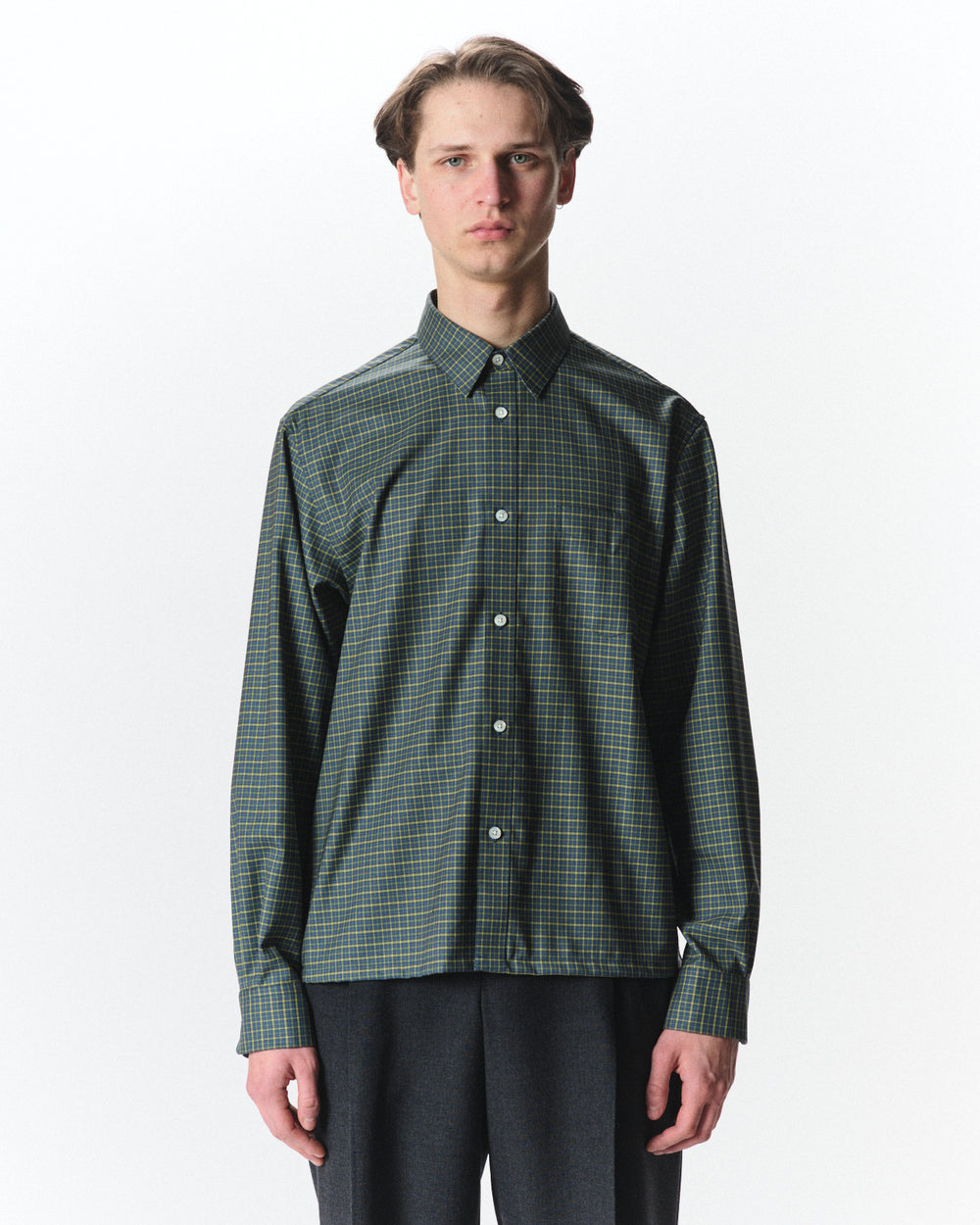 スーパー160s 防縮ウールオックスフォード / スクエアシャツ, Green Check
